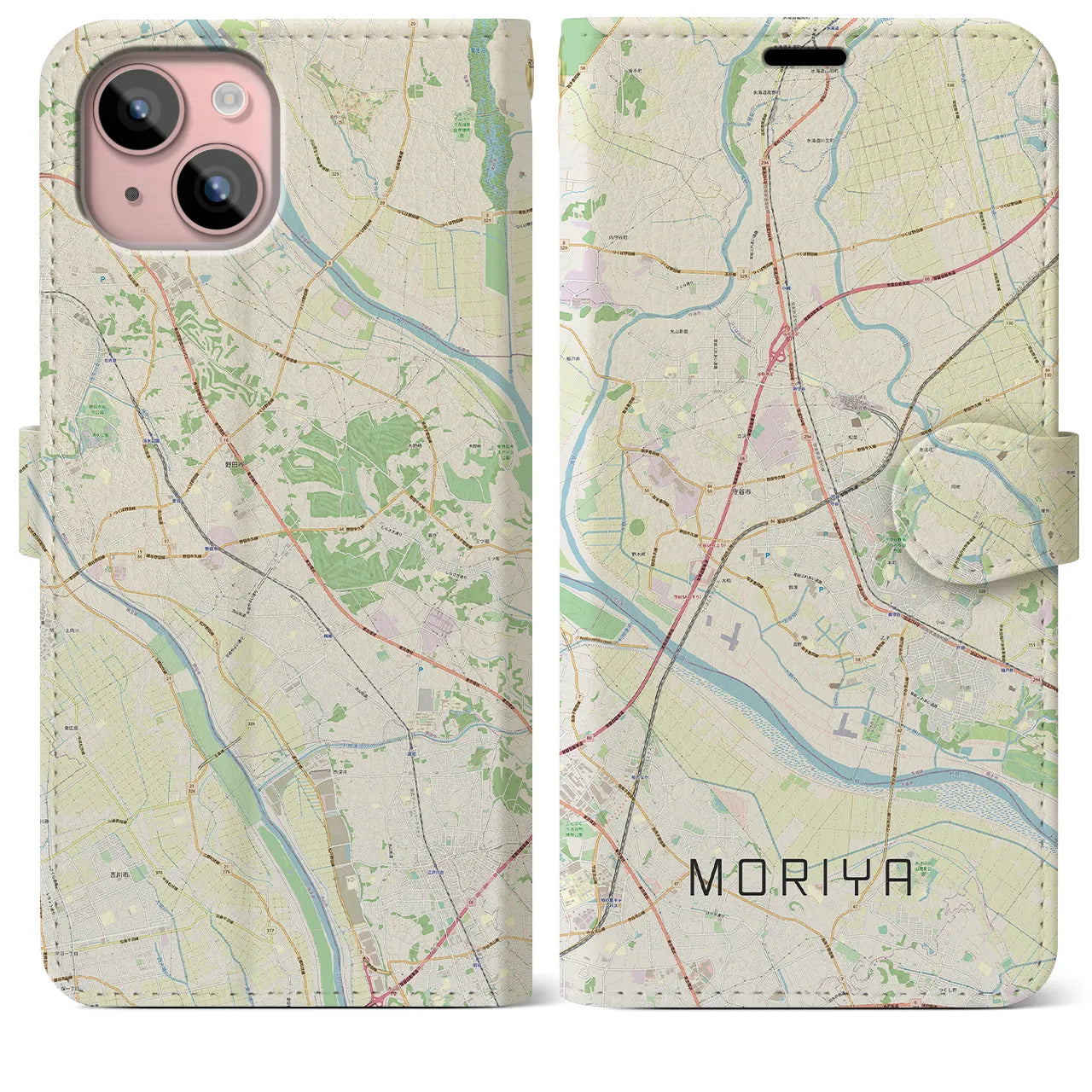【守谷(茨城県)】地図柄iPhoneケース(手帳タイプ)ナチュラル・iPhone 15 Plus 用