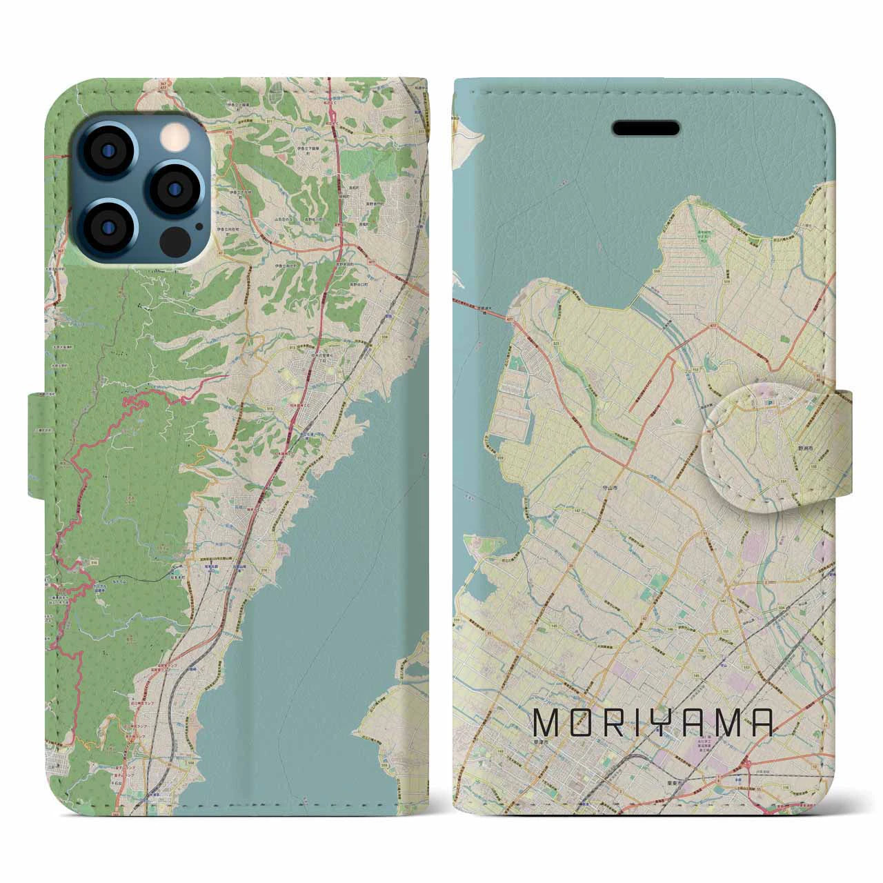 【守山(滋賀県)】地図柄iPhoneケース(手帳タイプ)ナチュラル・iPhone 12 / 12 Pro 用