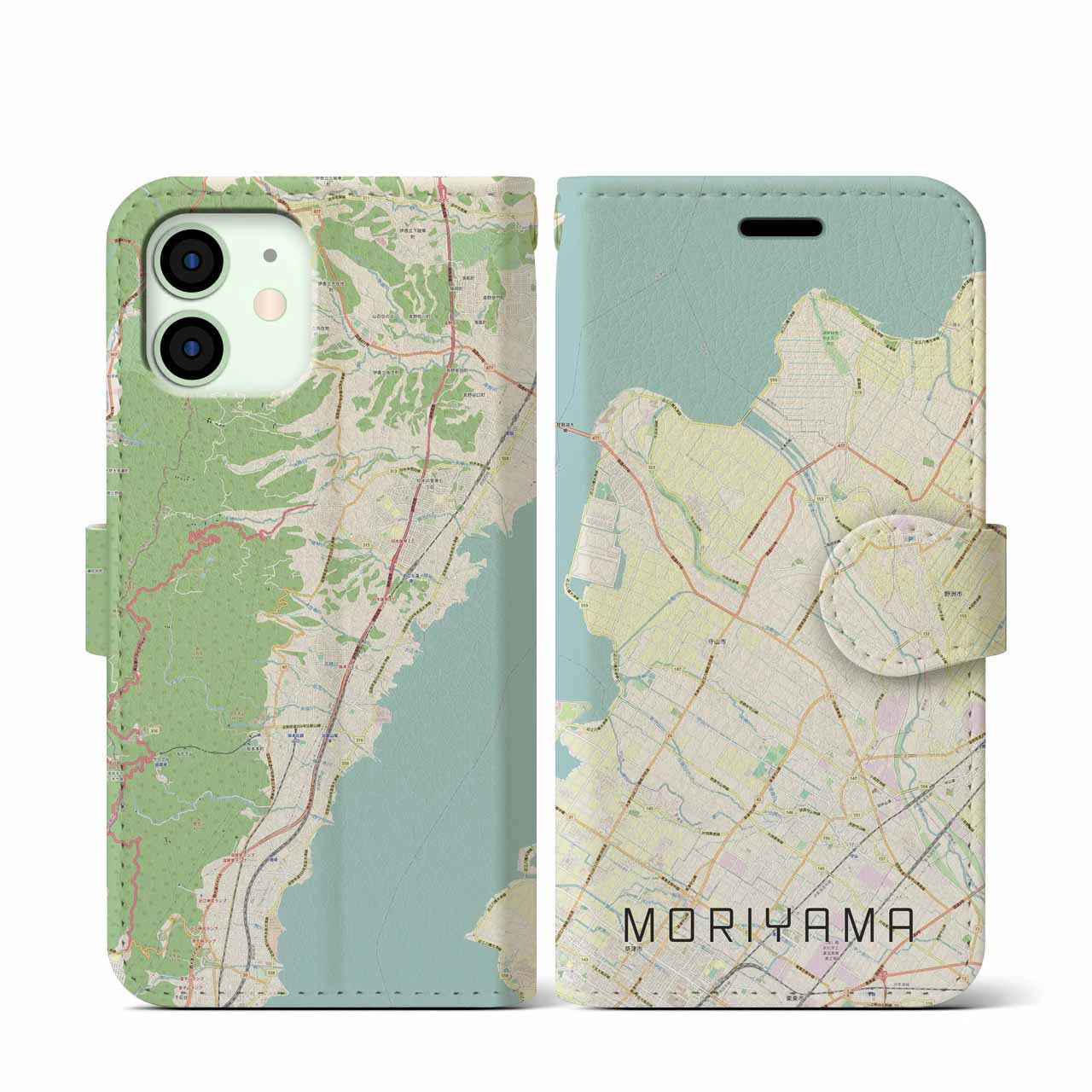 【守山(滋賀県)】地図柄iPhoneケース(手帳タイプ)ナチュラル・iPhone 12 mini 用