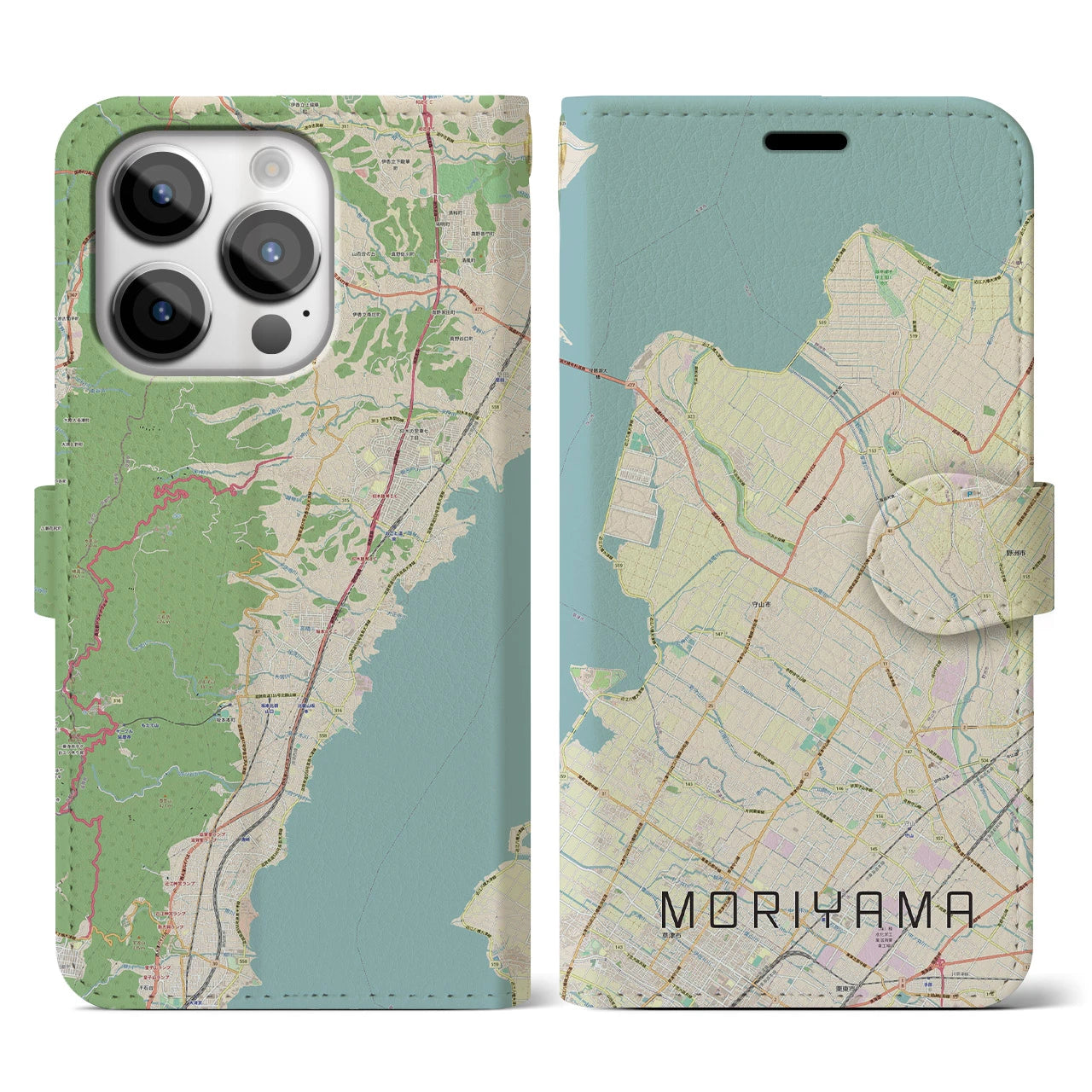 【守山(滋賀県)】地図柄iPhoneケース(手帳タイプ)ナチュラル・iPhone 14 Pro 用