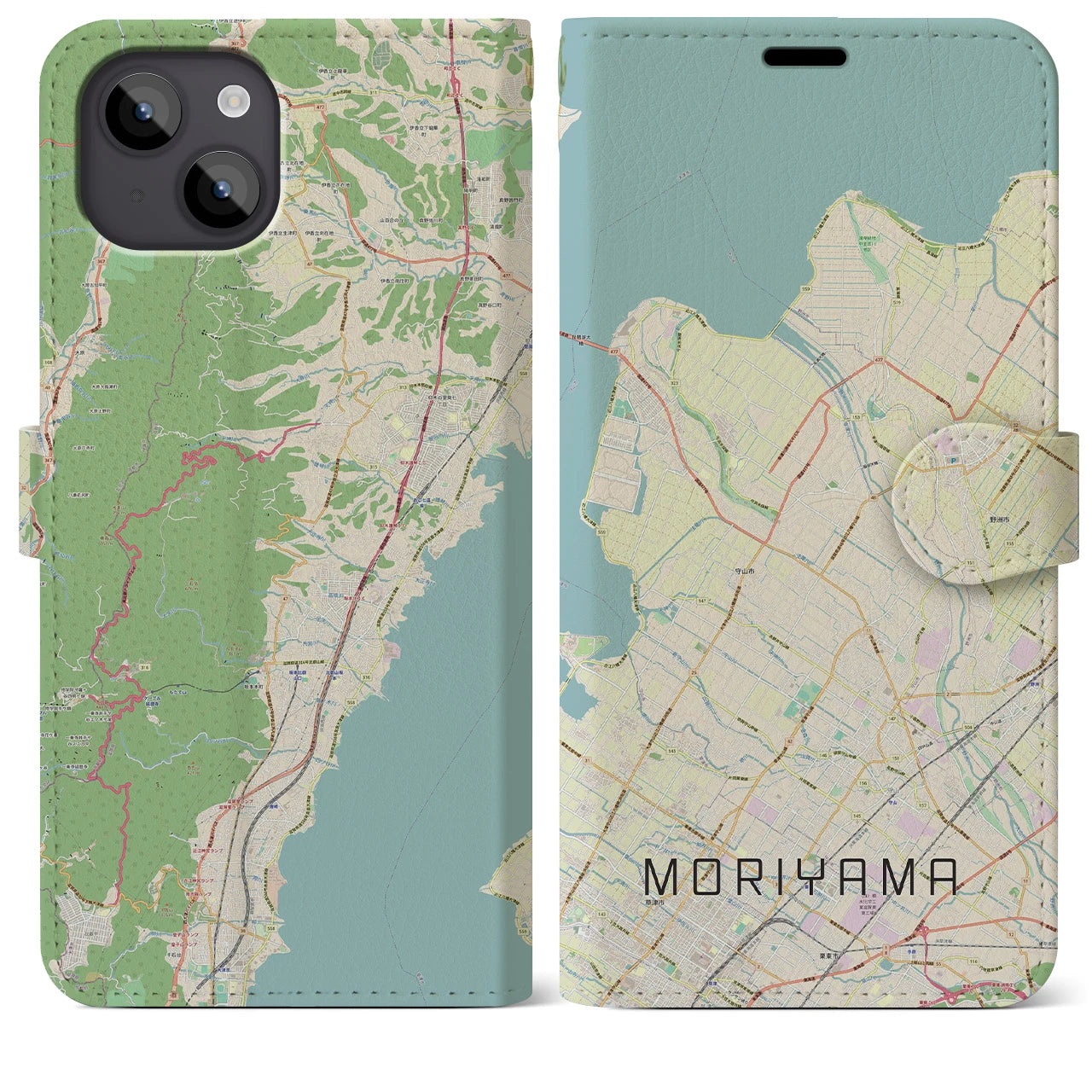 【守山(滋賀県)】地図柄iPhoneケース(手帳タイプ)ナチュラル・iPhone 14 Plus 用