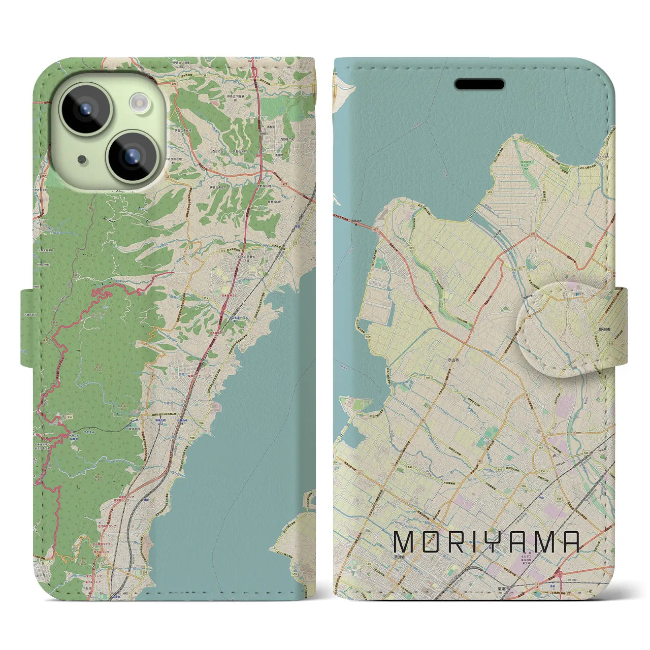 【守山(滋賀県)】地図柄iPhoneケース(手帳タイプ)ナチュラル・iPhone 15 用