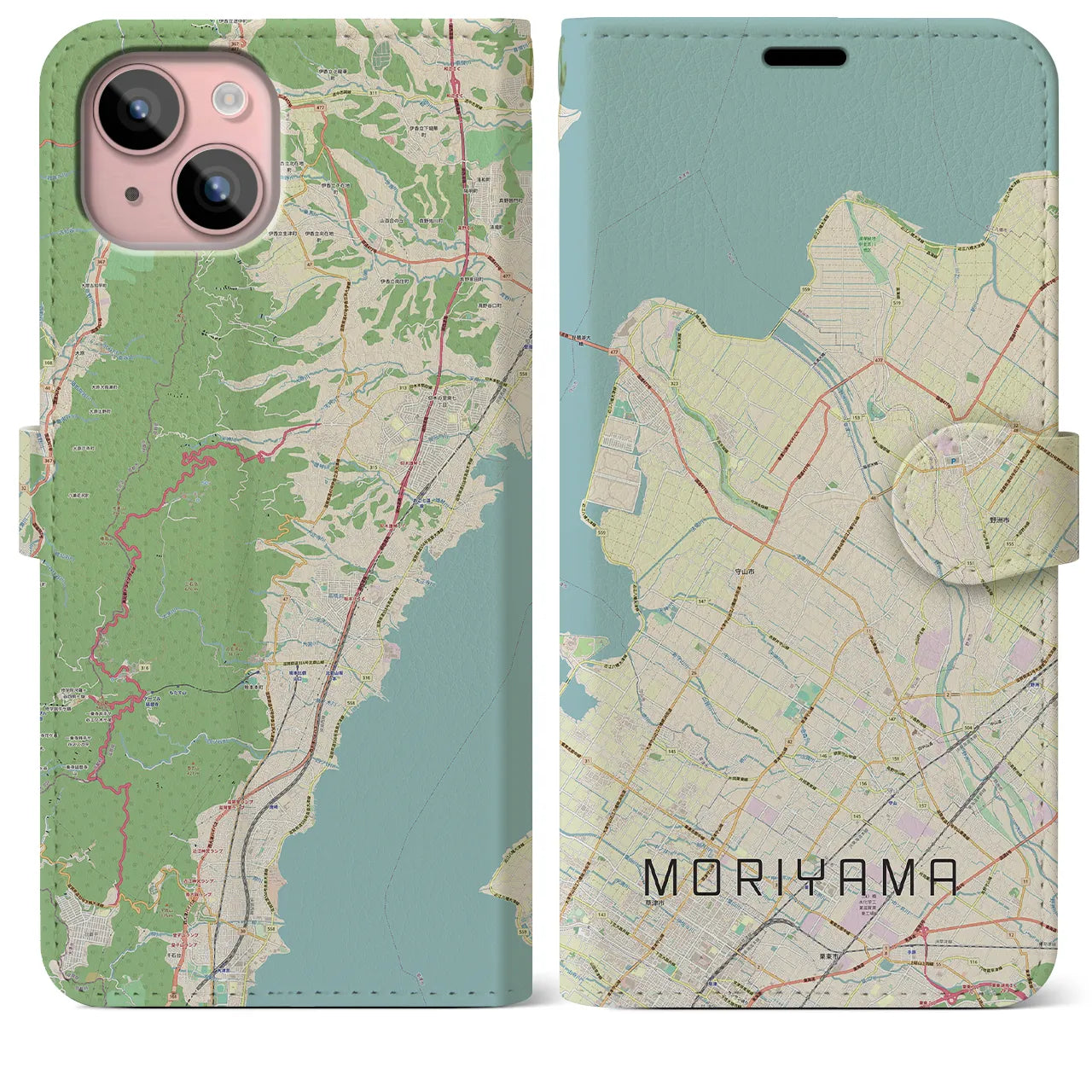 【守山(滋賀県)】地図柄iPhoneケース(手帳タイプ)ナチュラル・iPhone 15 Plus 用