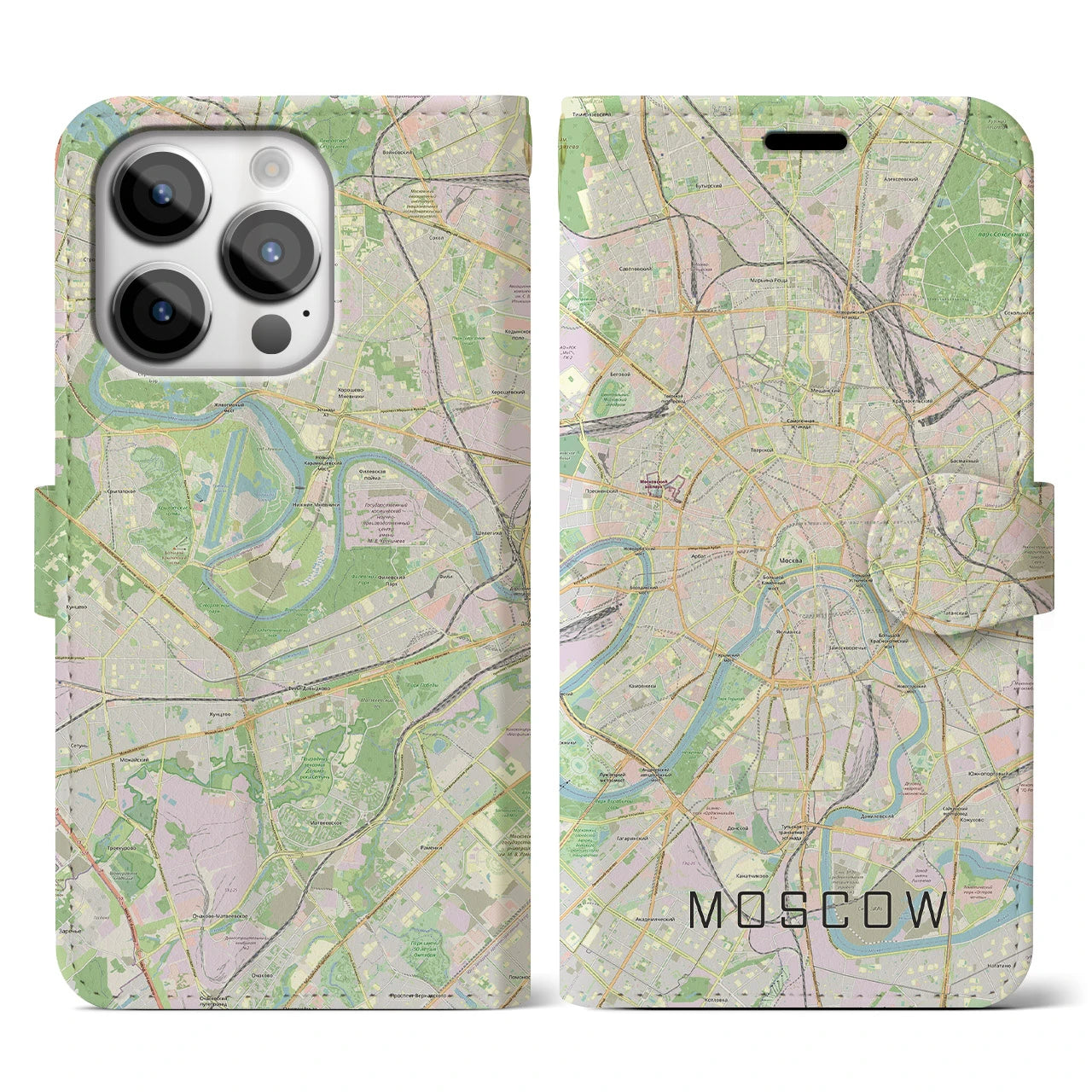 【モスクワ(ロシア)】地図柄iPhoneケース(手帳タイプ)ナチュラル・iPhone 14 Pro 用