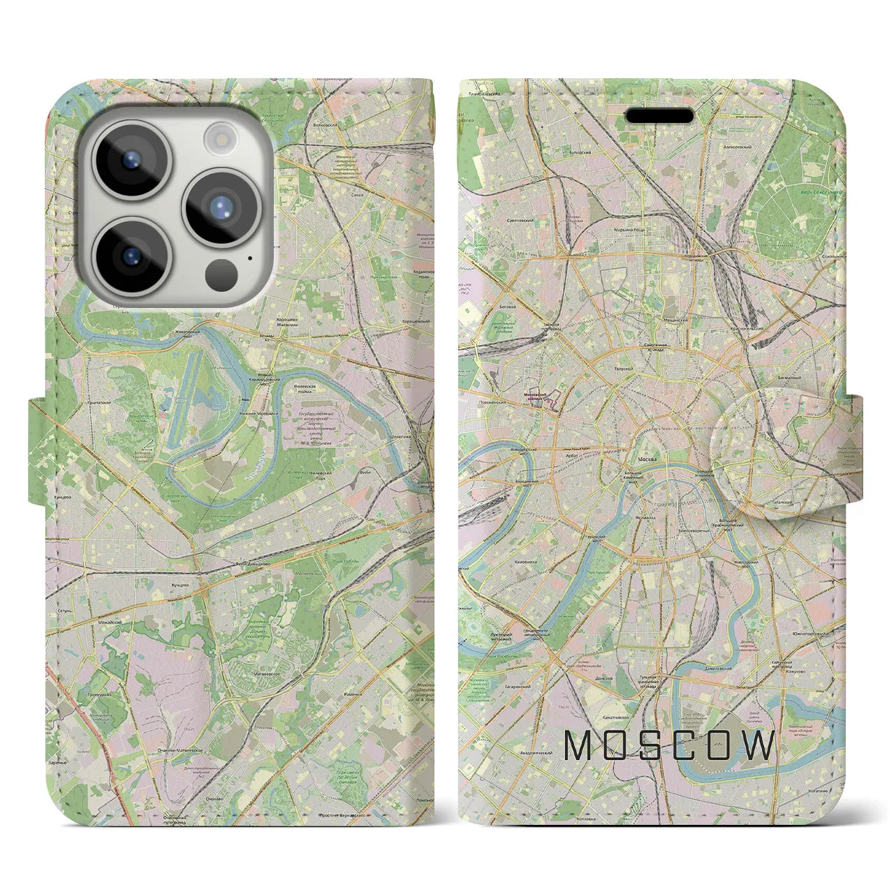 【モスクワ(ロシア)】地図柄iPhoneケース(手帳タイプ)ナチュラル・iPhone 15 Pro 用