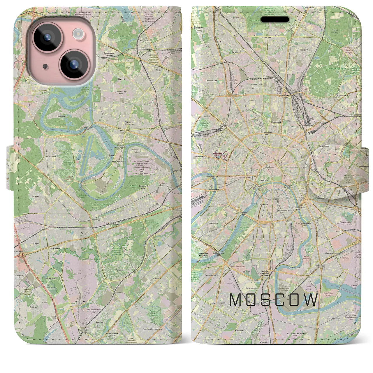 【モスクワ(ロシア)】地図柄iPhoneケース(手帳タイプ)ナチュラル・iPhone 15 Plus 用