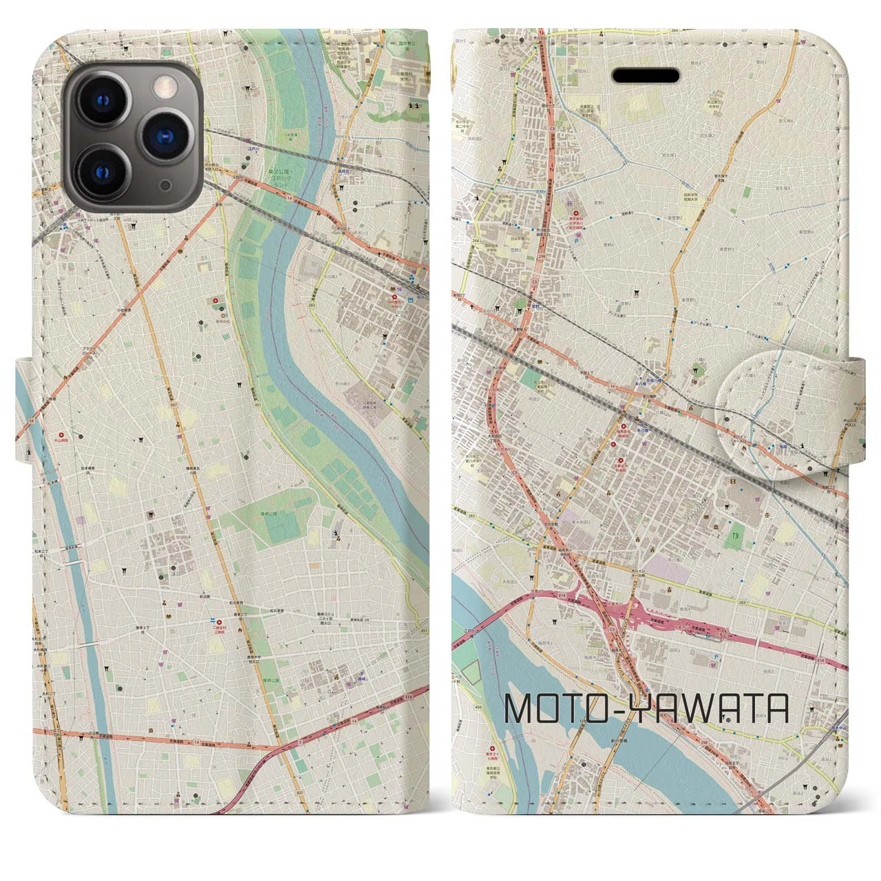 【本八幡(千葉県)】地図柄iPhoneケース(手帳タイプ)ナチュラル・iPhone 11 Pro Max 用