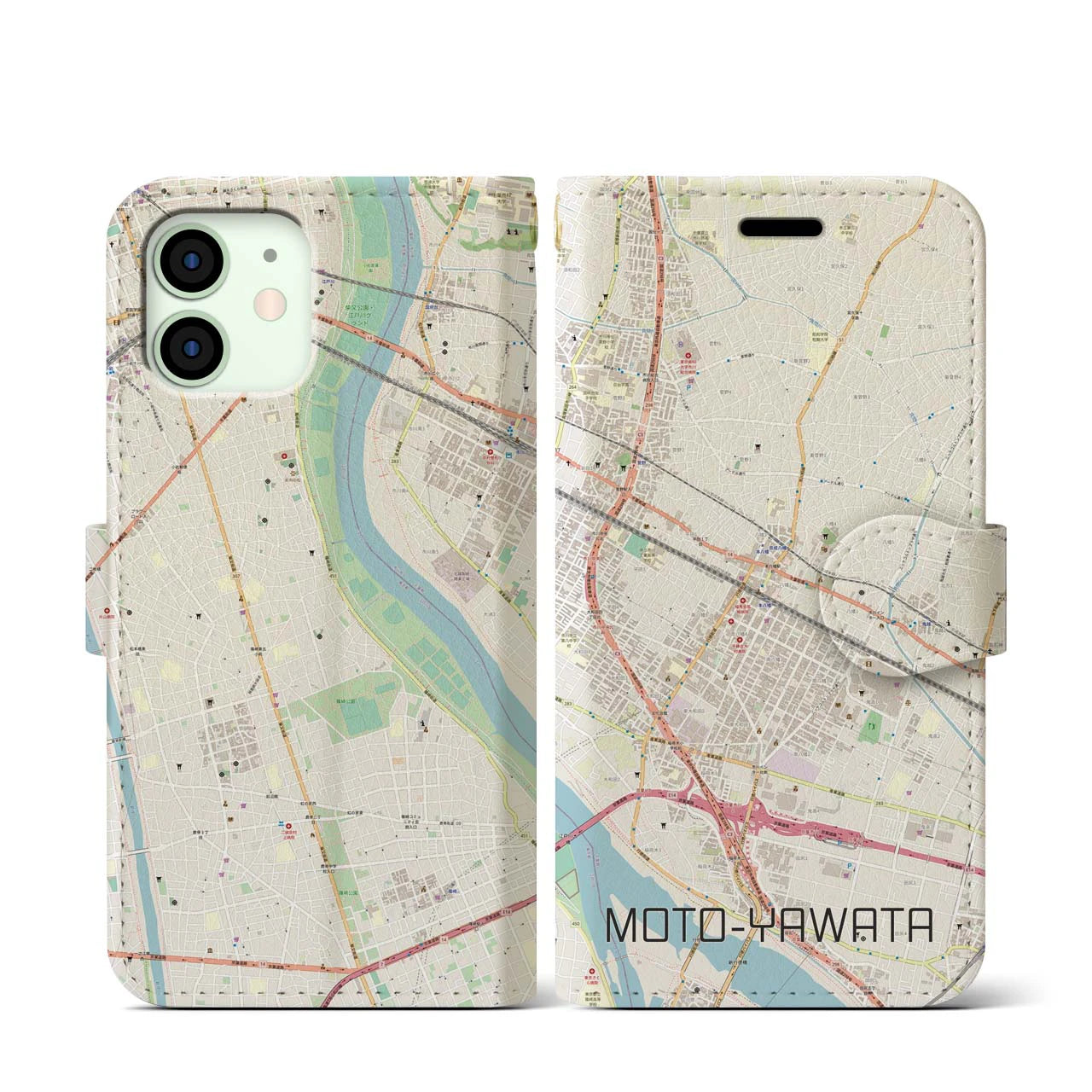 【本八幡(千葉県)】地図柄iPhoneケース(手帳タイプ)ナチュラル・iPhone 12 mini 用