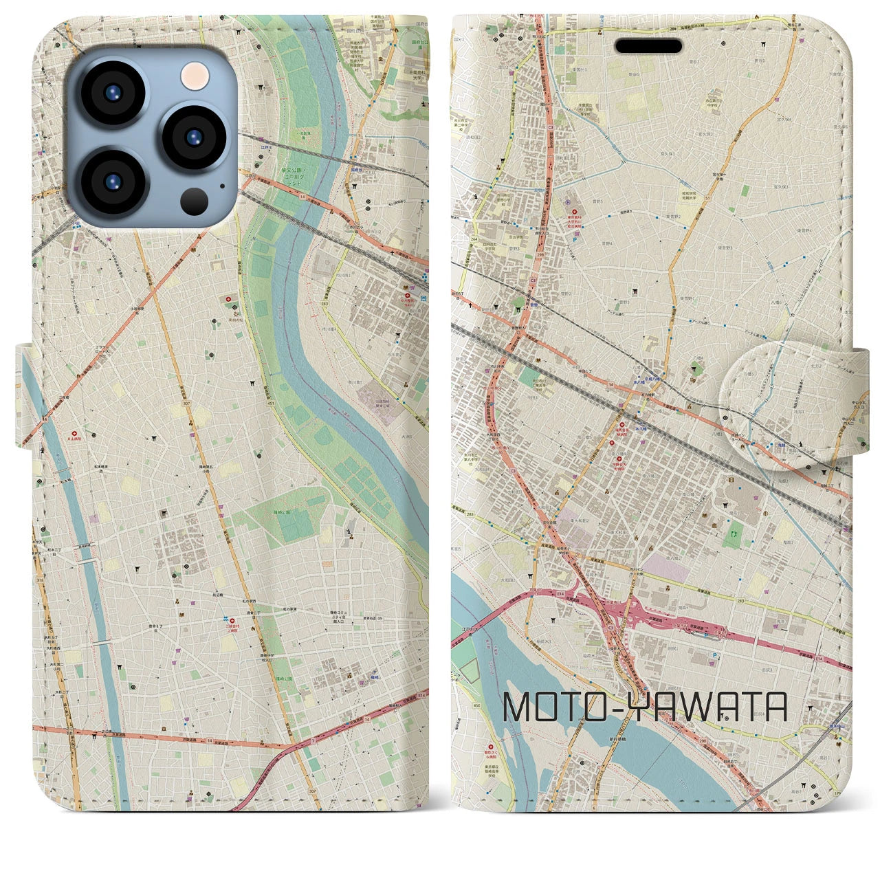 【本八幡(千葉県)】地図柄iPhoneケース(手帳タイプ)ナチュラル・iPhone 13 Pro Max 用