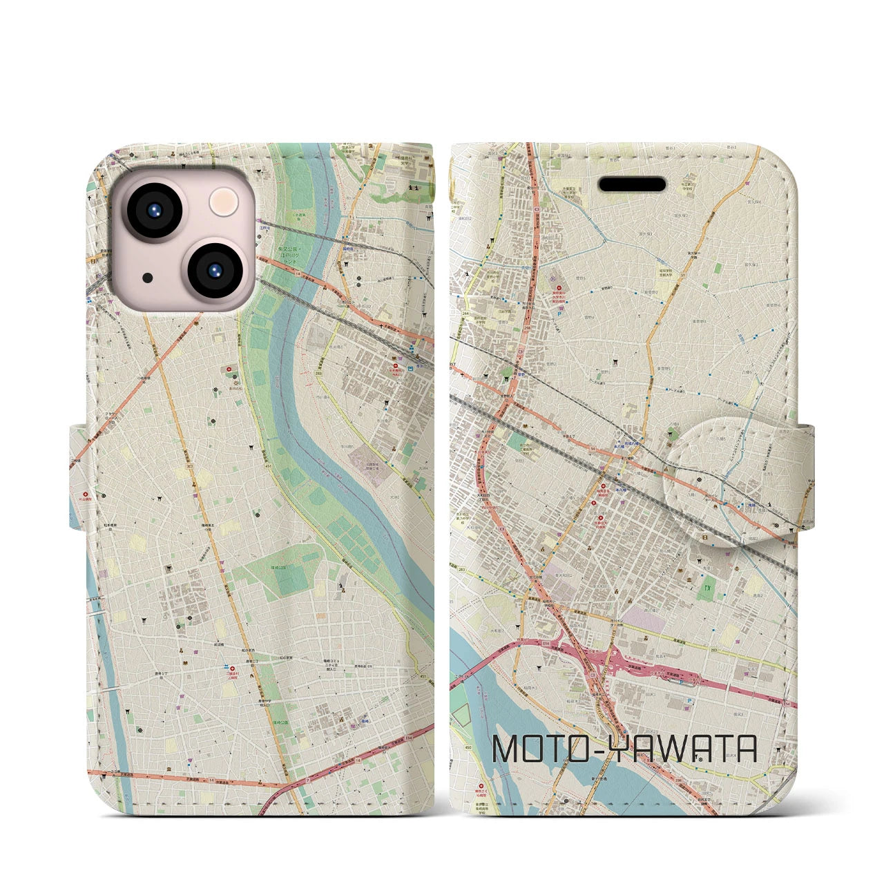 【本八幡(千葉県)】地図柄iPhoneケース(手帳タイプ)ナチュラル・iPhone 13 mini 用