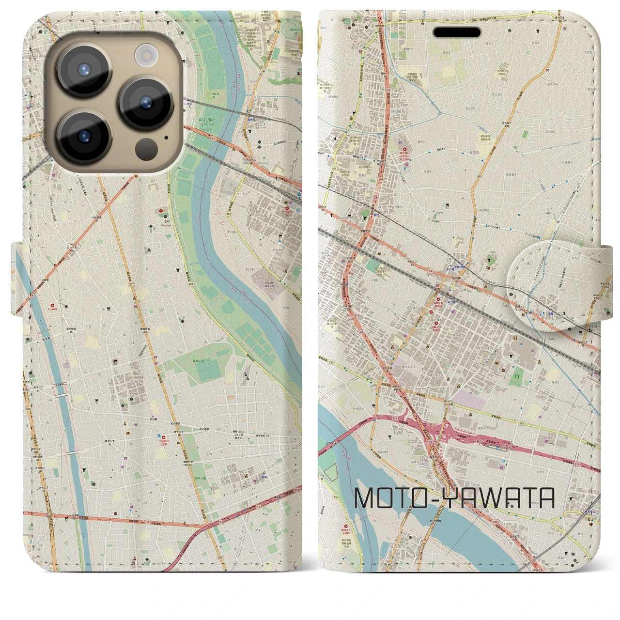 【本八幡(千葉県)】地図柄iPhoneケース(手帳タイプ)ナチュラル・iPhone 14 Pro Max 用