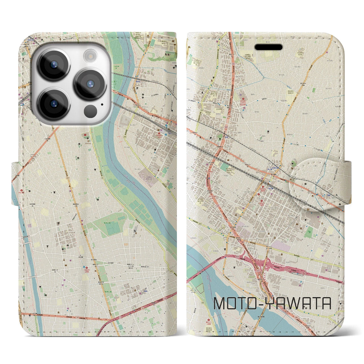 【本八幡(千葉県)】地図柄iPhoneケース(手帳タイプ)ナチュラル・iPhone 14 Pro 用