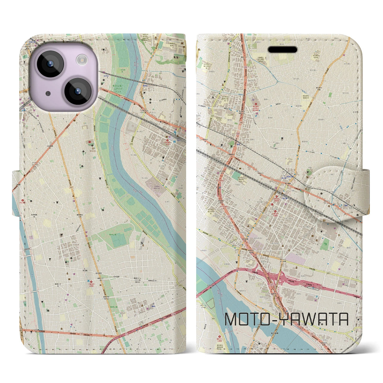 【本八幡(千葉県)】地図柄iPhoneケース(手帳タイプ)ナチュラル・iPhone 14 用