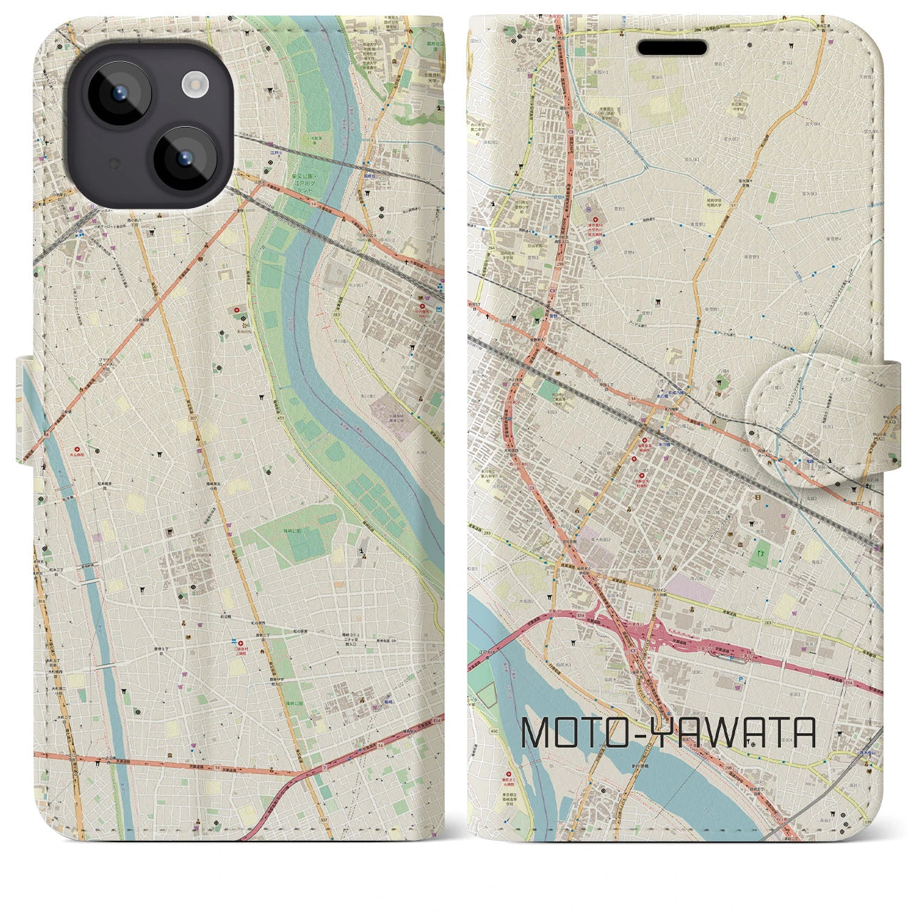 【本八幡(千葉県)】地図柄iPhoneケース(手帳タイプ)ナチュラル・iPhone 14 Plus 用