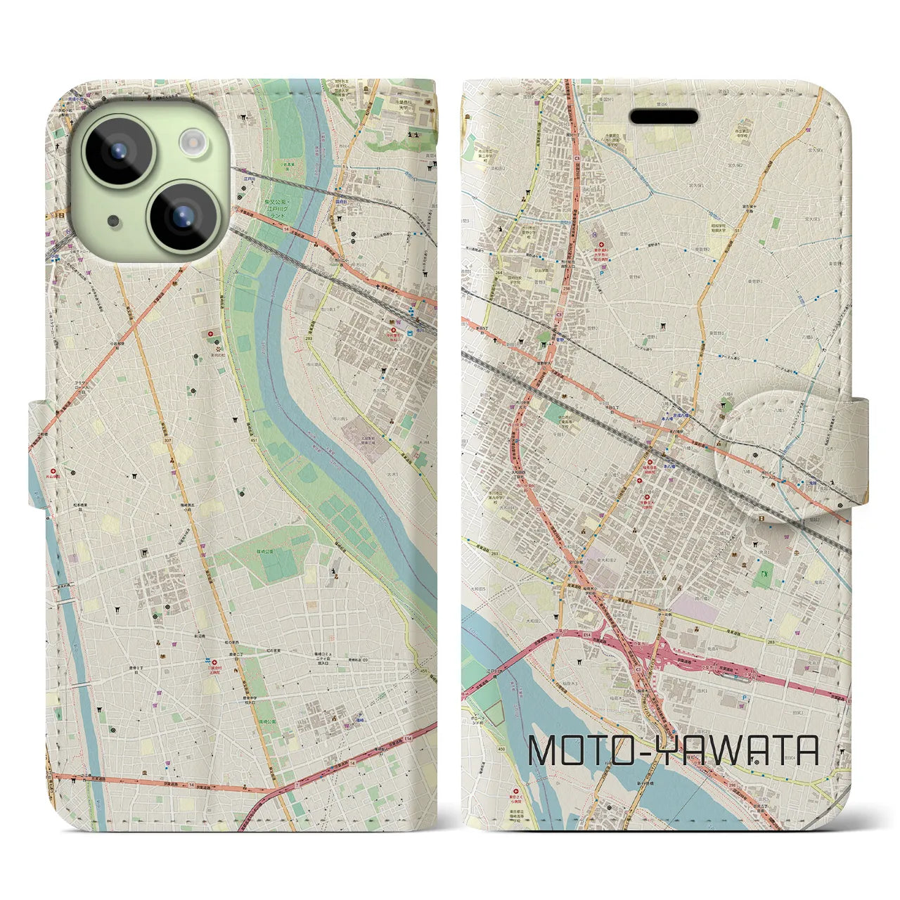 【本八幡(千葉県)】地図柄iPhoneケース(手帳タイプ)ナチュラル・iPhone 15 用