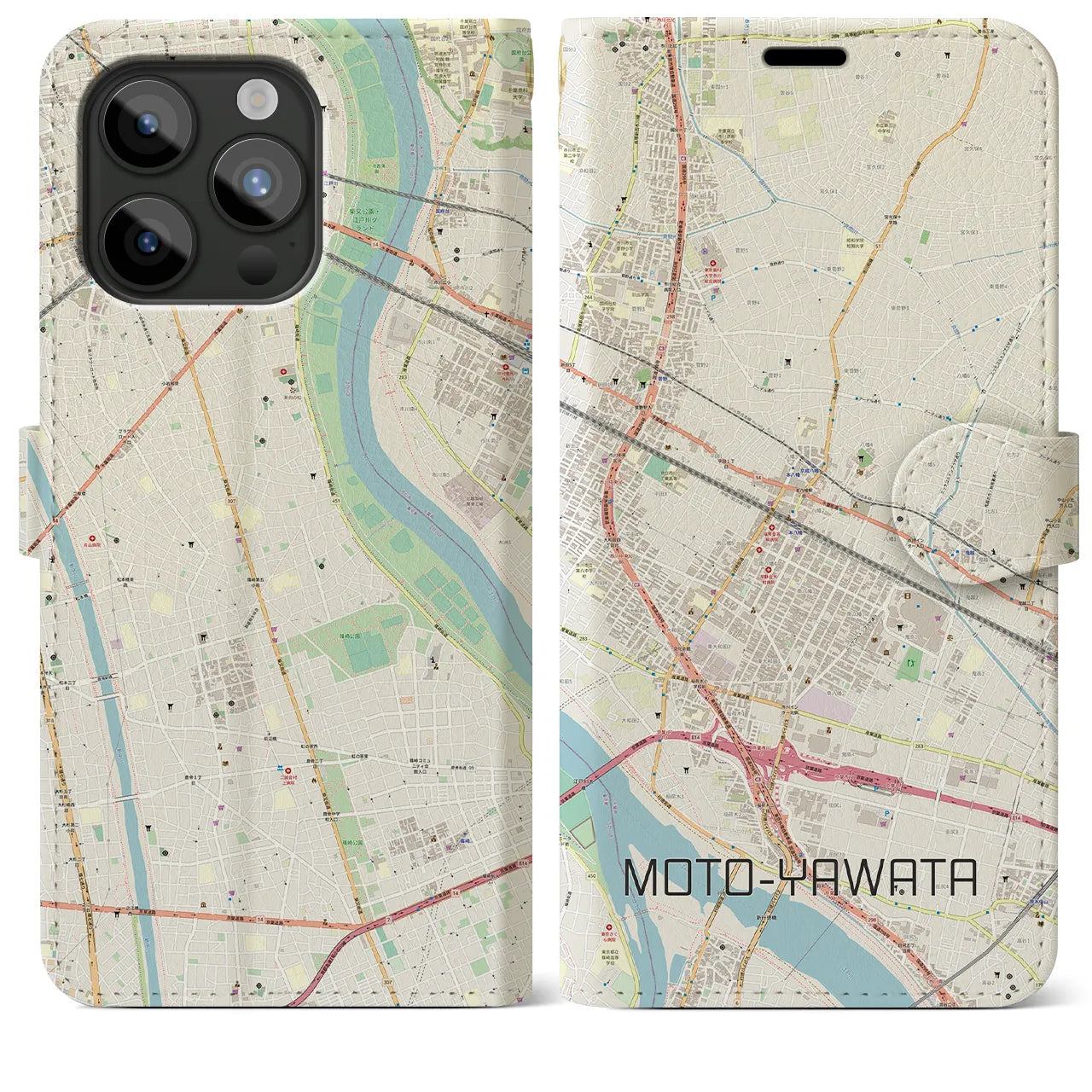 【本八幡(千葉県)】地図柄iPhoneケース(手帳タイプ)ナチュラル・iPhone 15 Pro Max 用