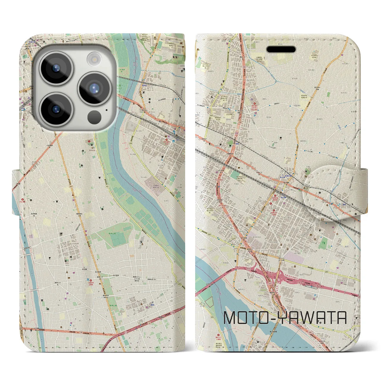 【本八幡(千葉県)】地図柄iPhoneケース(手帳タイプ)ナチュラル・iPhone 15 Pro 用