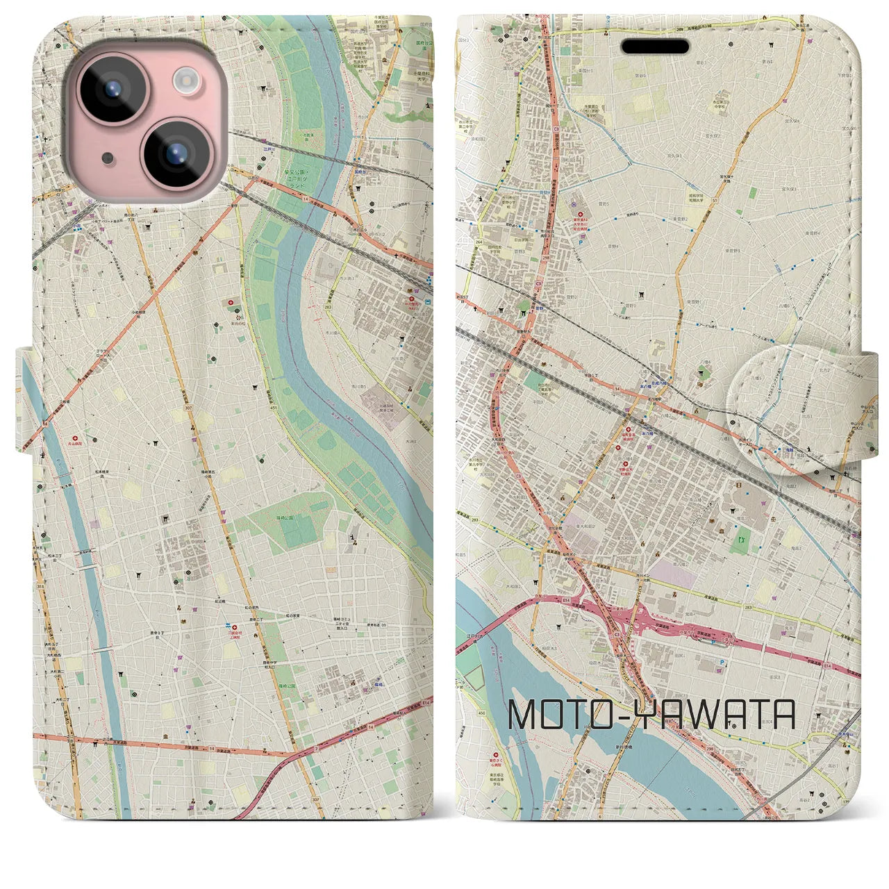 【本八幡(千葉県)】地図柄iPhoneケース(手帳タイプ)ナチュラル・iPhone 15 Plus 用