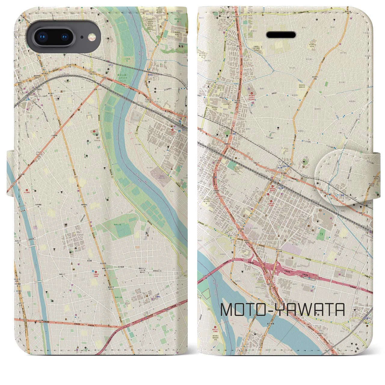 【本八幡(千葉県)】地図柄iPhoneケース(手帳タイプ)ナチュラル・iPhone 8Plus /7Plus / 6sPlus / 6Plus 用