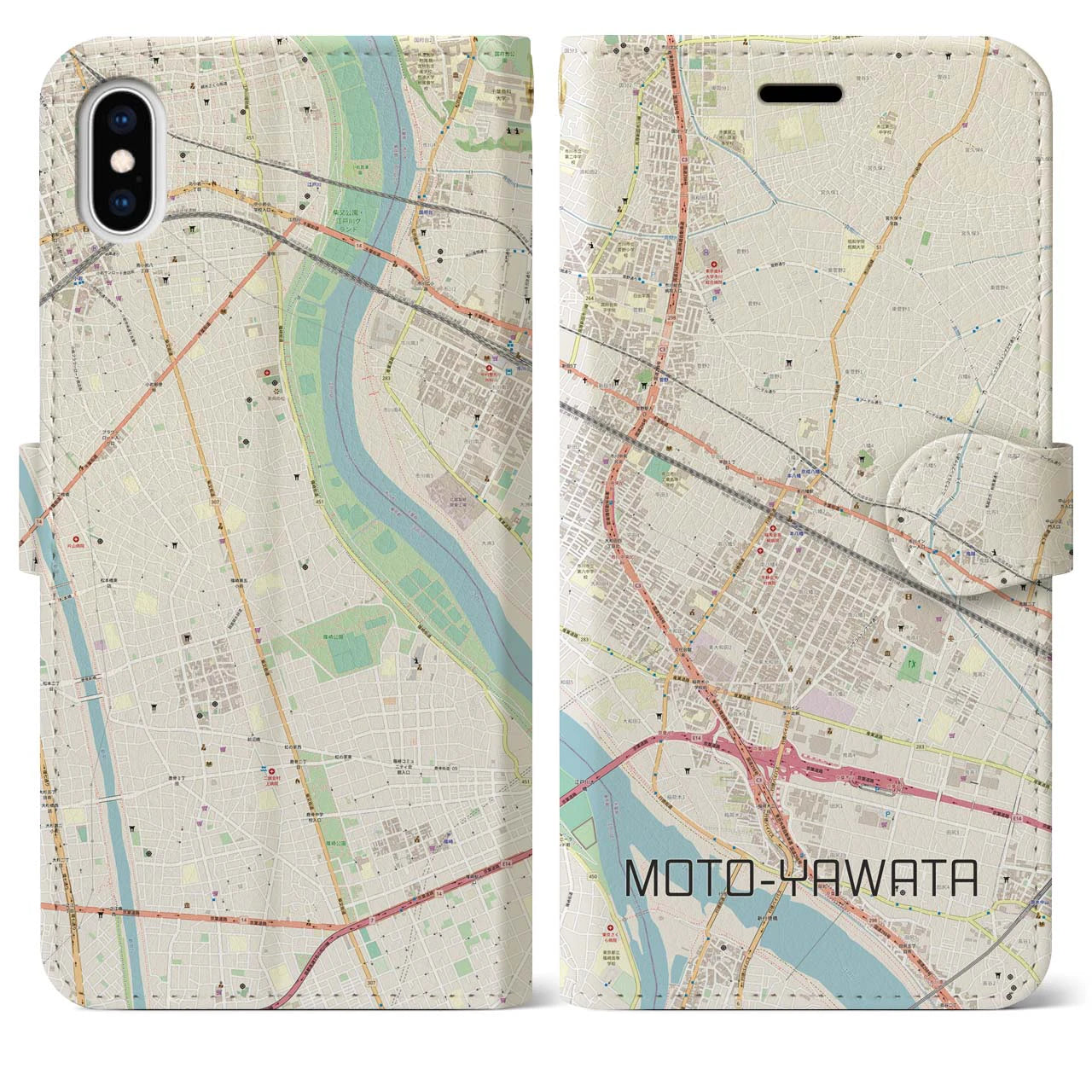【本八幡(千葉県)】地図柄iPhoneケース(手帳タイプ)ナチュラル・iPhone XS Max 用