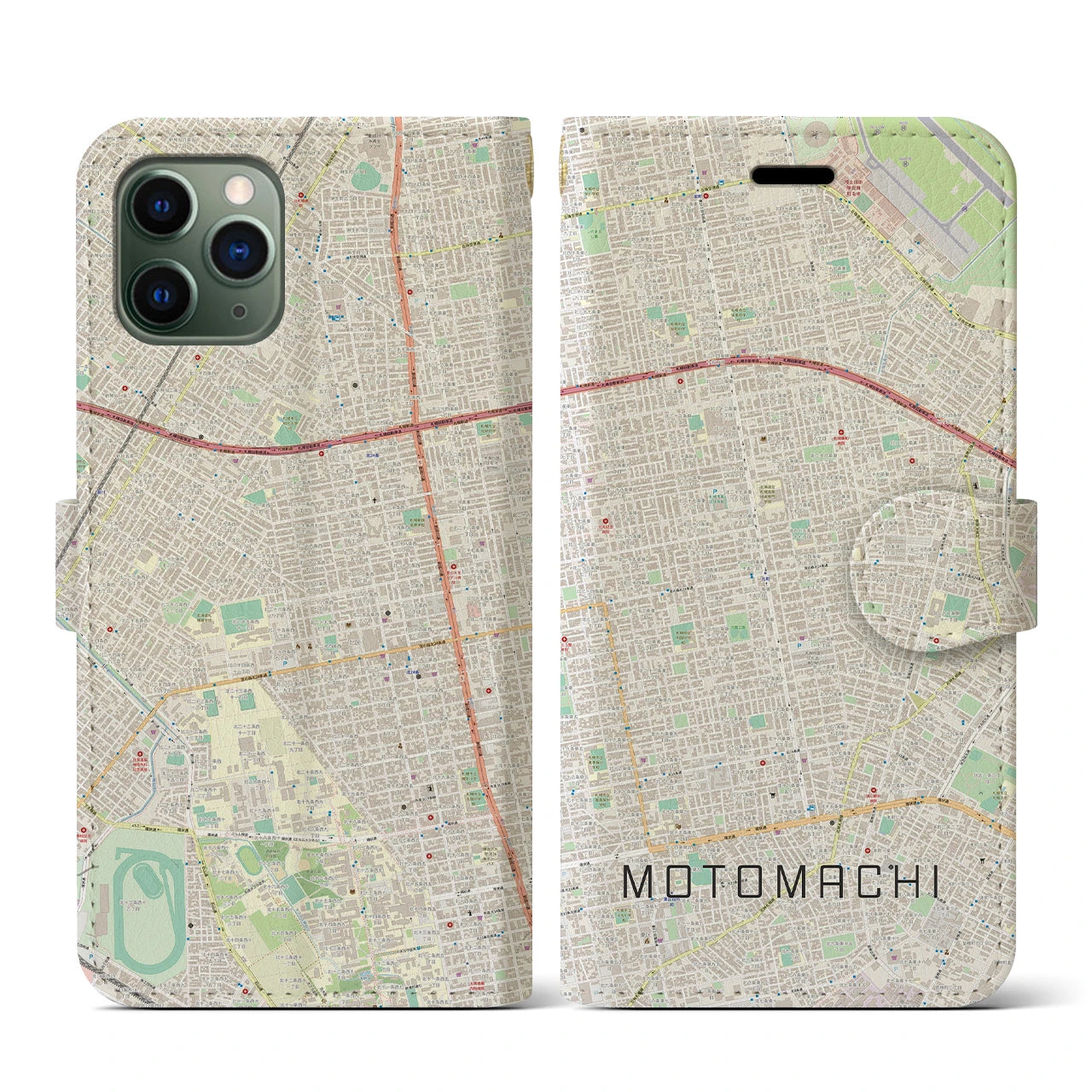 【元町(北海道)】地図柄iPhoneケース(手帳タイプ)ナチュラル・iPhone 11 Pro 用