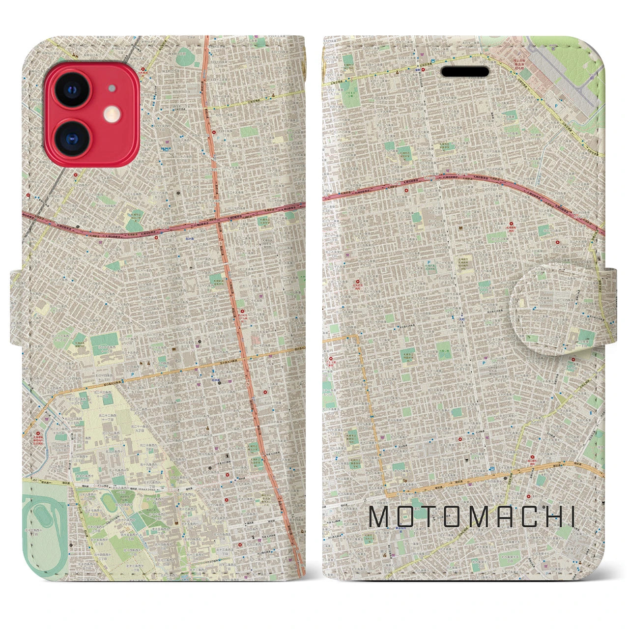 【元町(北海道)】地図柄iPhoneケース(手帳タイプ)ナチュラル・iPhone 11 用