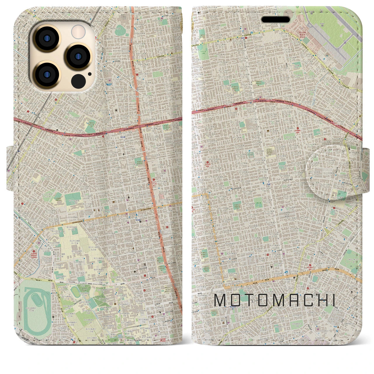 【元町(北海道)】地図柄iPhoneケース(手帳タイプ)ナチュラル・iPhone 12 Pro Max 用