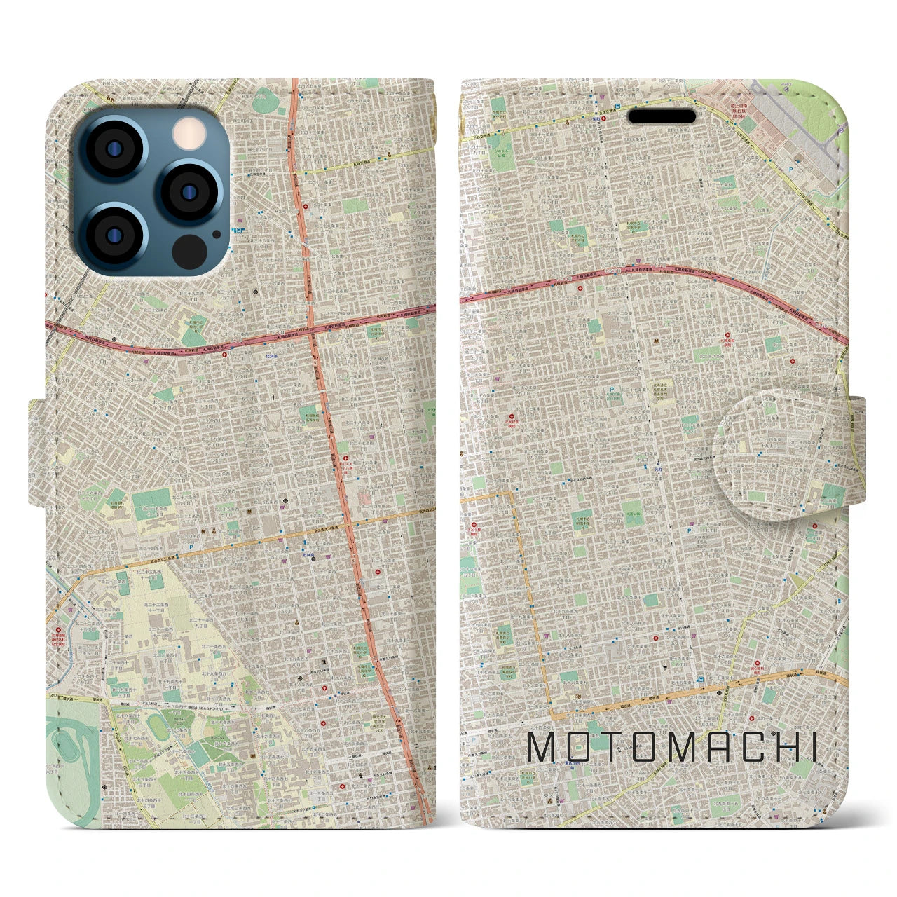 【元町(北海道)】地図柄iPhoneケース(手帳タイプ)ナチュラル・iPhone 12 / 12 Pro 用