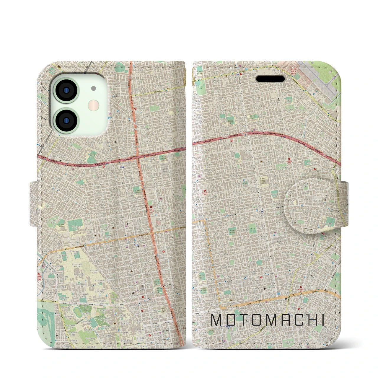 【元町(北海道)】地図柄iPhoneケース(手帳タイプ)ナチュラル・iPhone 12 mini 用