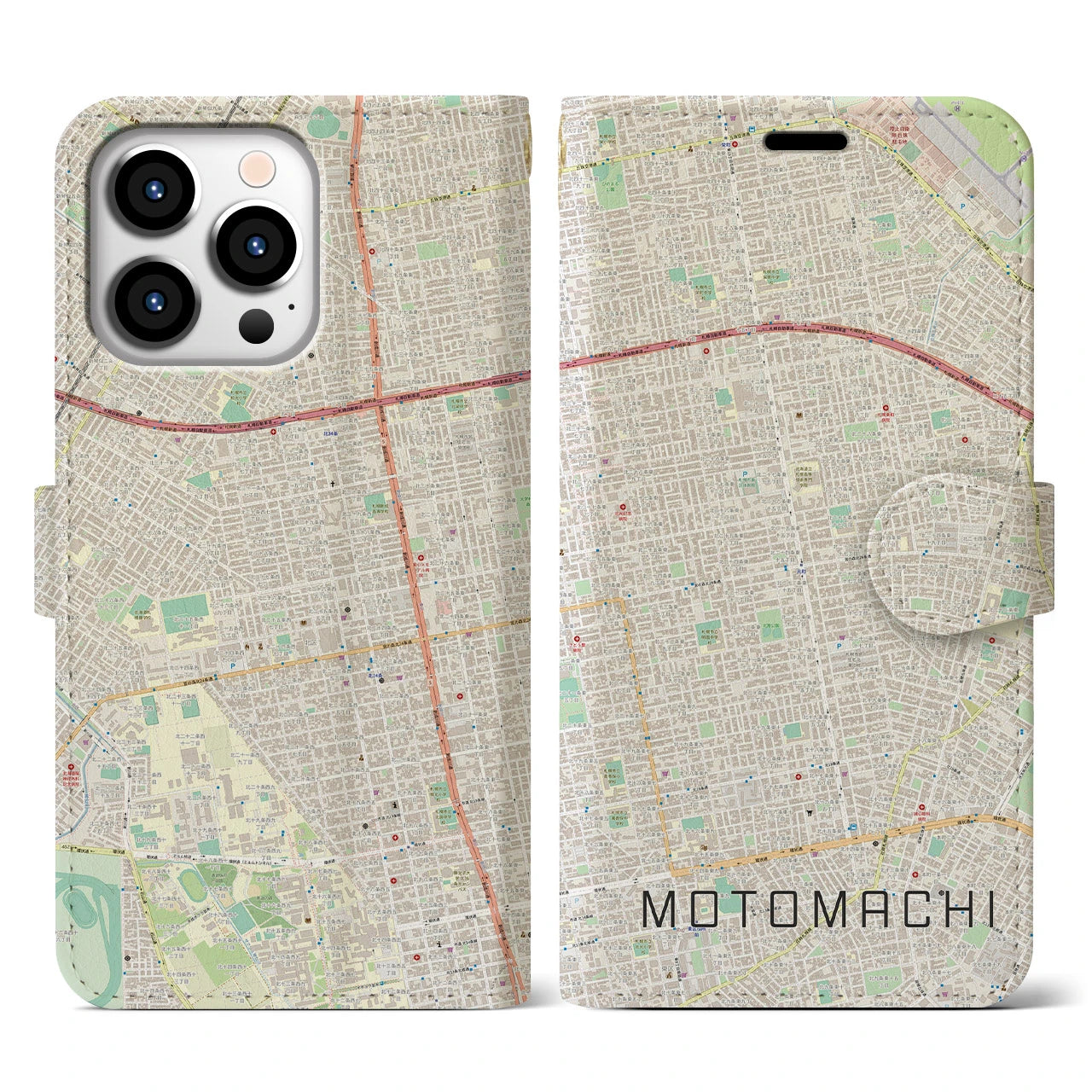 【元町(北海道)】地図柄iPhoneケース(手帳タイプ)ナチュラル・iPhone 13 Pro 用