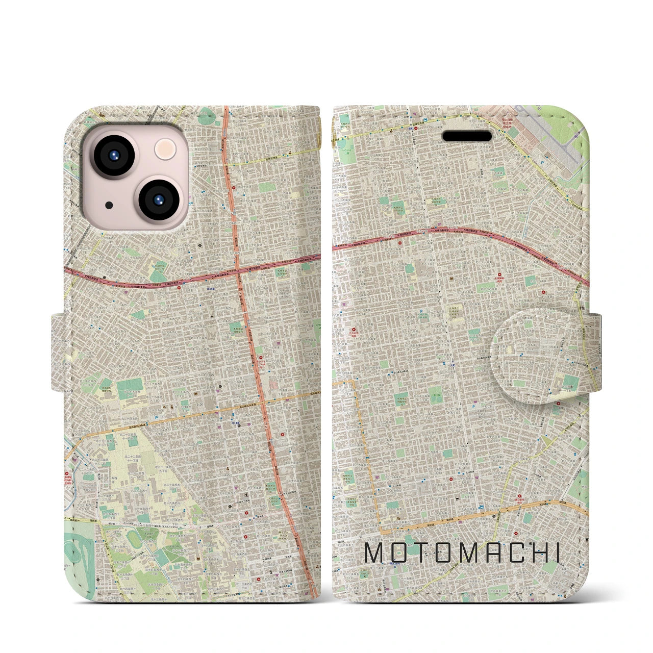 【元町(北海道)】地図柄iPhoneケース(手帳タイプ)ナチュラル・iPhone 13 mini 用