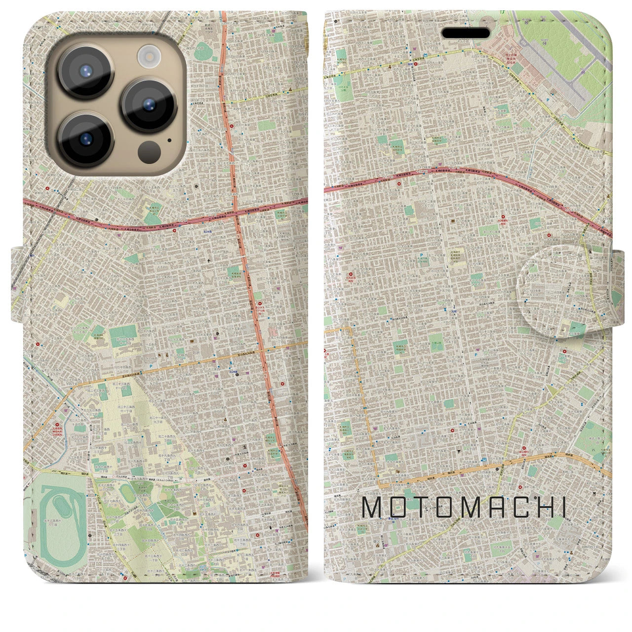 【元町(北海道)】地図柄iPhoneケース(手帳タイプ)ナチュラル・iPhone 14 Pro Max 用
