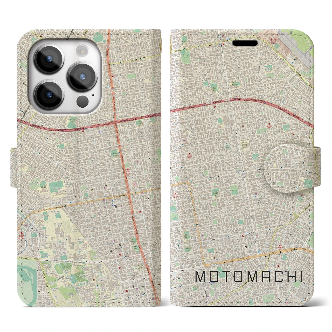 【元町(北海道)】地図柄iPhoneケース(手帳タイプ)ナチュラル・iPhone 14 Pro 用