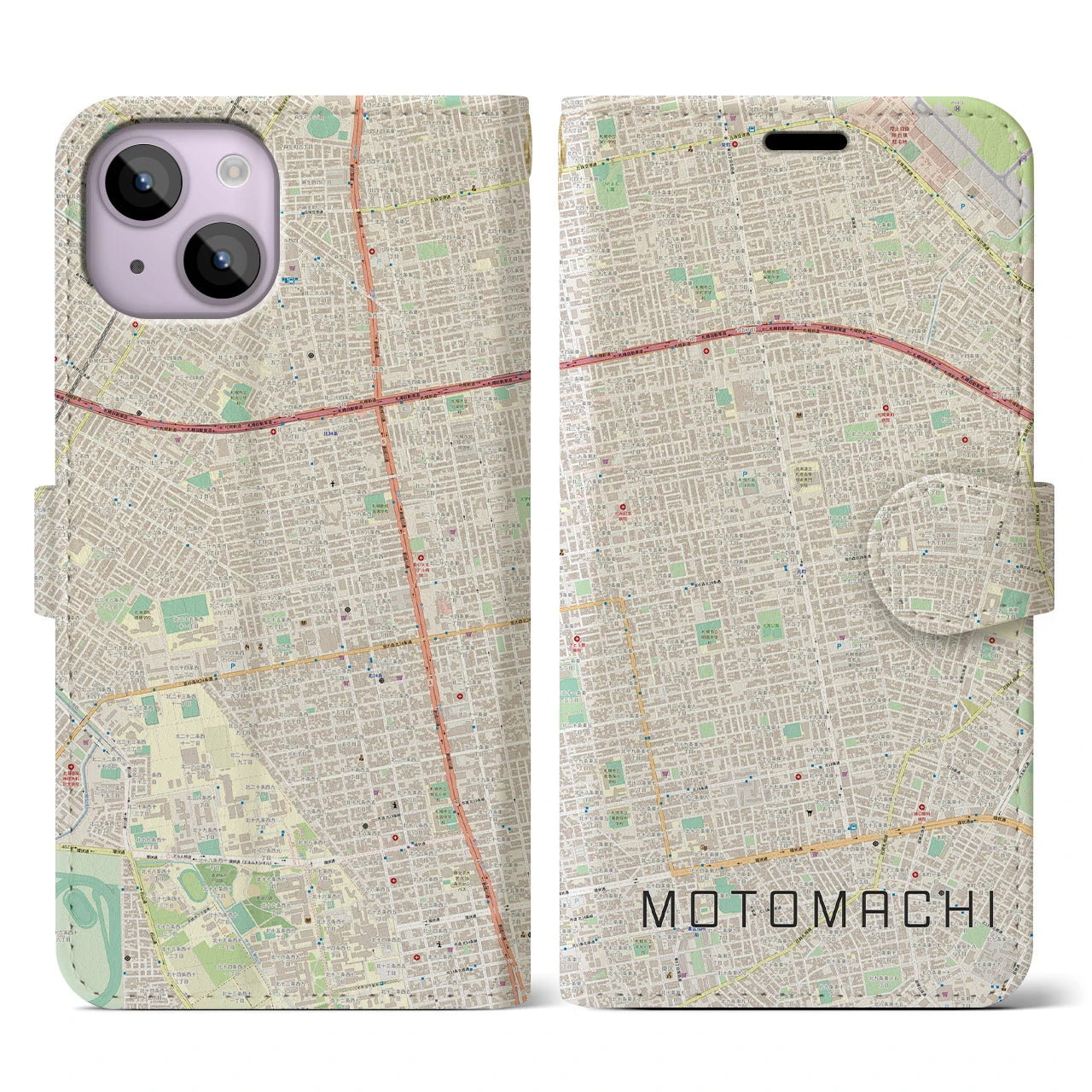 【元町(北海道)】地図柄iPhoneケース(手帳タイプ)ナチュラル・iPhone 14 用