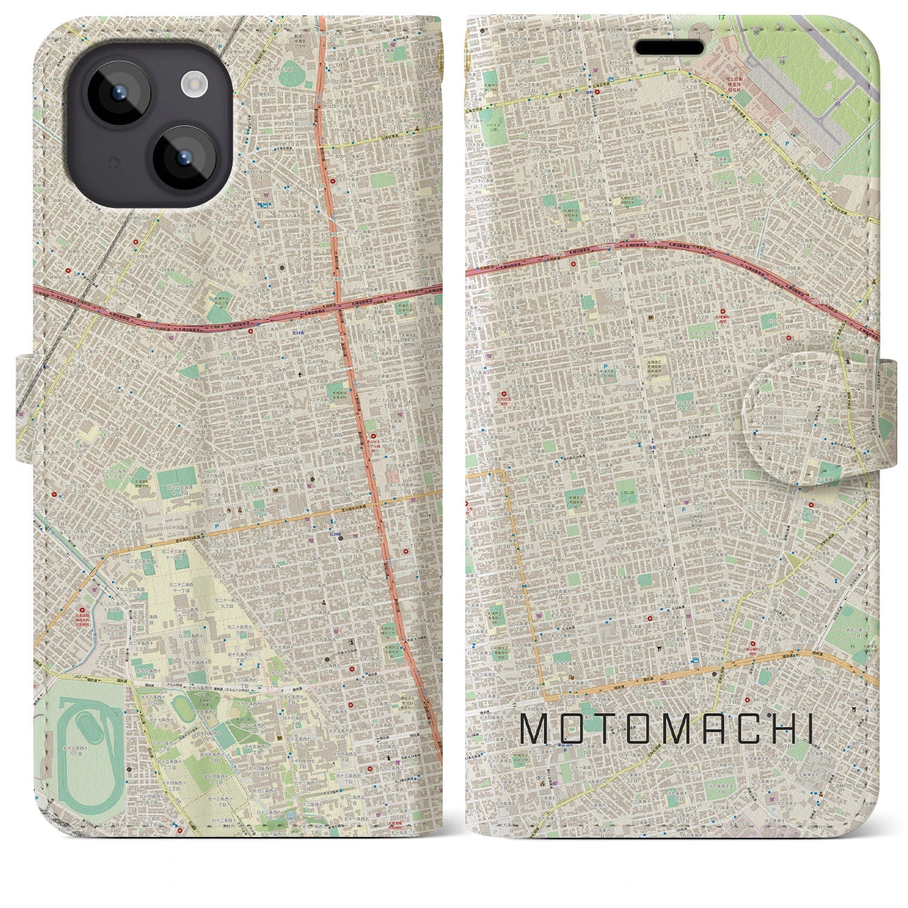 【元町(北海道)】地図柄iPhoneケース(手帳タイプ)ナチュラル・iPhone 14 Plus 用
