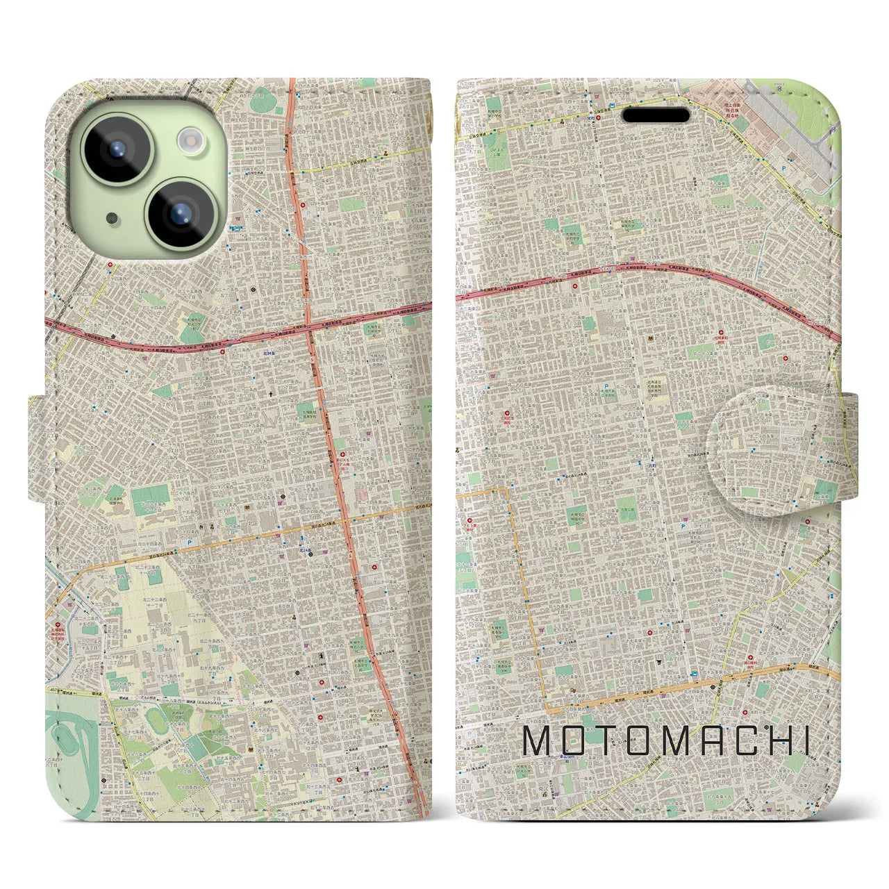 【元町(北海道)】地図柄iPhoneケース(手帳タイプ)ナチュラル・iPhone 15 用
