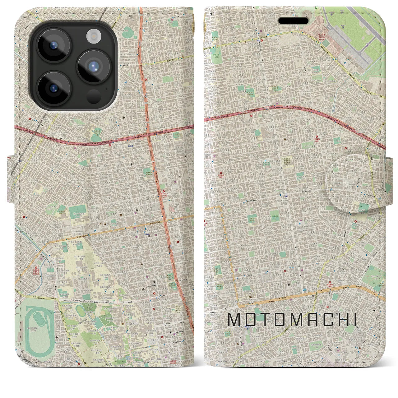 【元町(北海道)】地図柄iPhoneケース(手帳タイプ)ナチュラル・iPhone 15 Pro Max 用