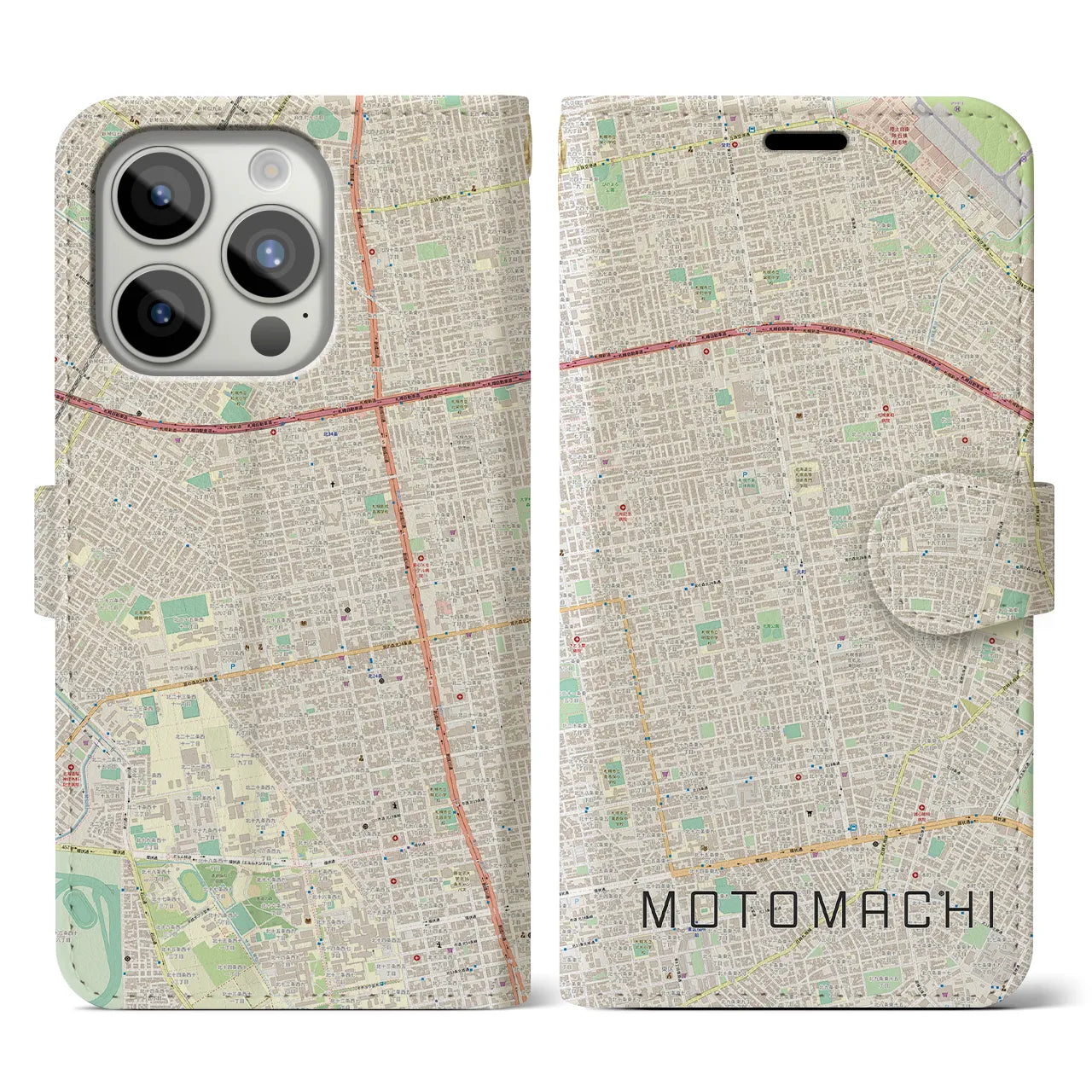 【元町(北海道)】地図柄iPhoneケース(手帳タイプ)ナチュラル・iPhone 15 Pro 用