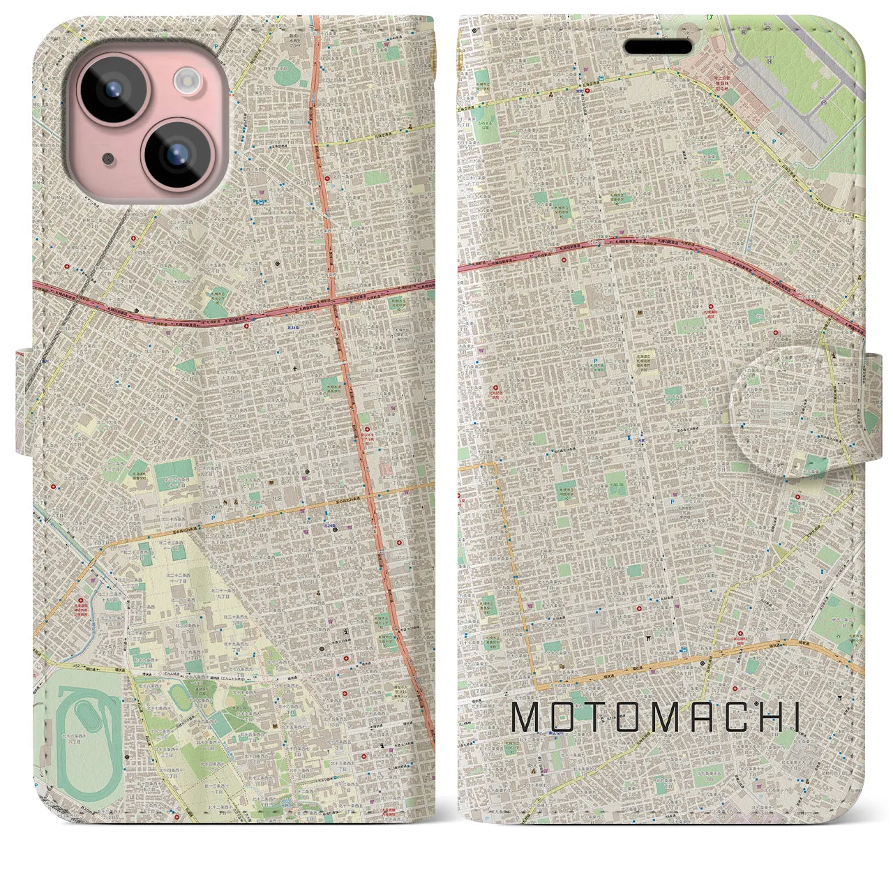 【元町(北海道)】地図柄iPhoneケース(手帳タイプ)ナチュラル・iPhone 15 Plus 用
