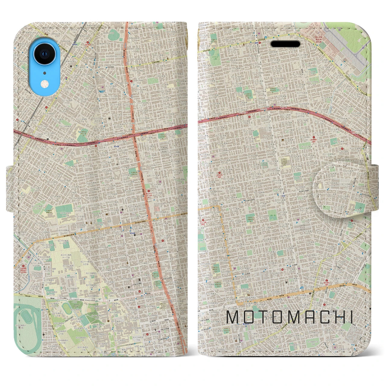 【元町(北海道)】地図柄iPhoneケース(手帳タイプ)ナチュラル・iPhone XR 用