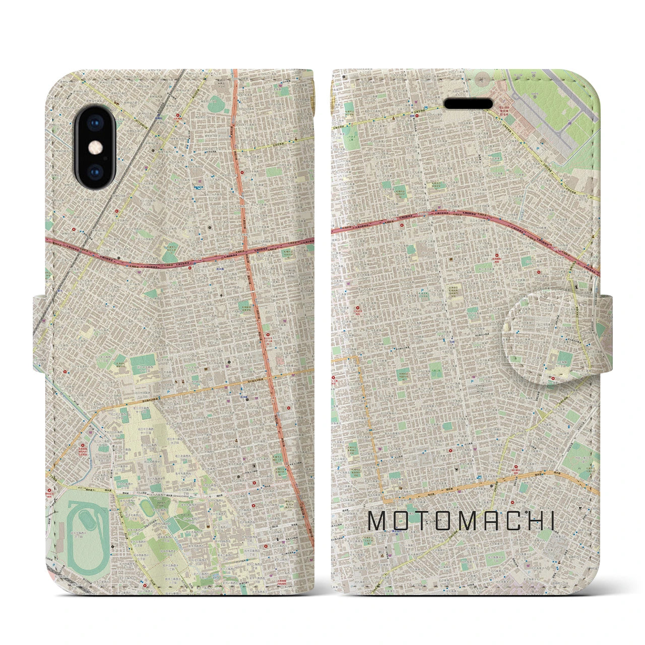 【元町(北海道)】地図柄iPhoneケース(手帳タイプ)ナチュラル・iPhone XS / X 用