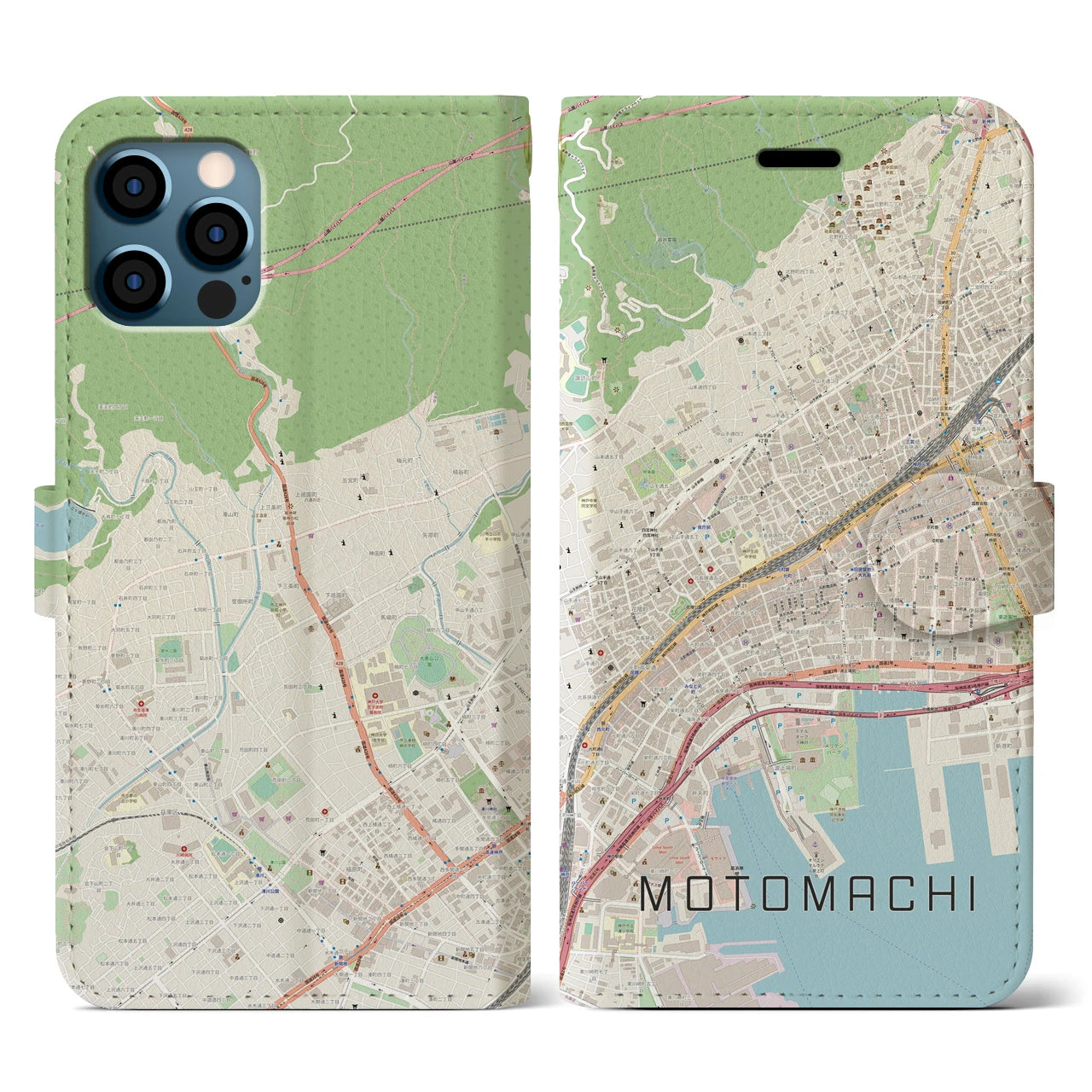 【元町(兵庫県)】地図柄iPhoneケース(手帳タイプ)ナチュラル・iPhone 12 / 12 Pro 用