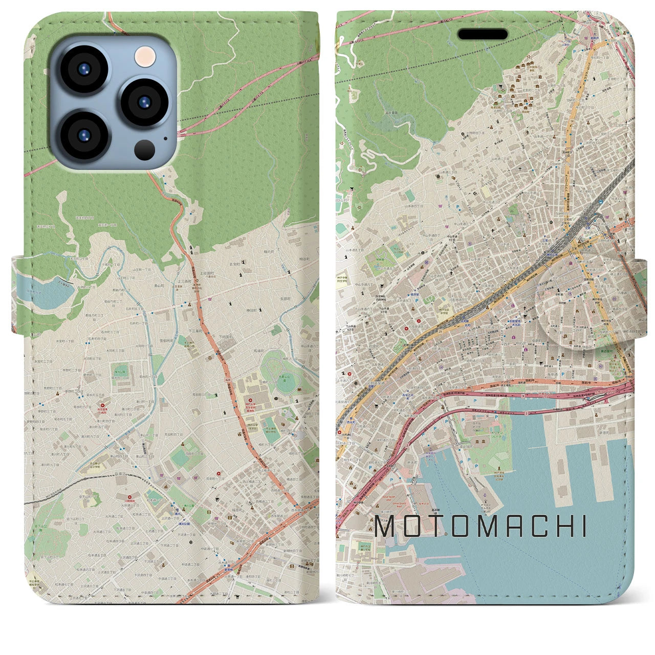 【元町(兵庫県)】地図柄iPhoneケース(手帳タイプ)ナチュラル・iPhone 13 Pro Max 用