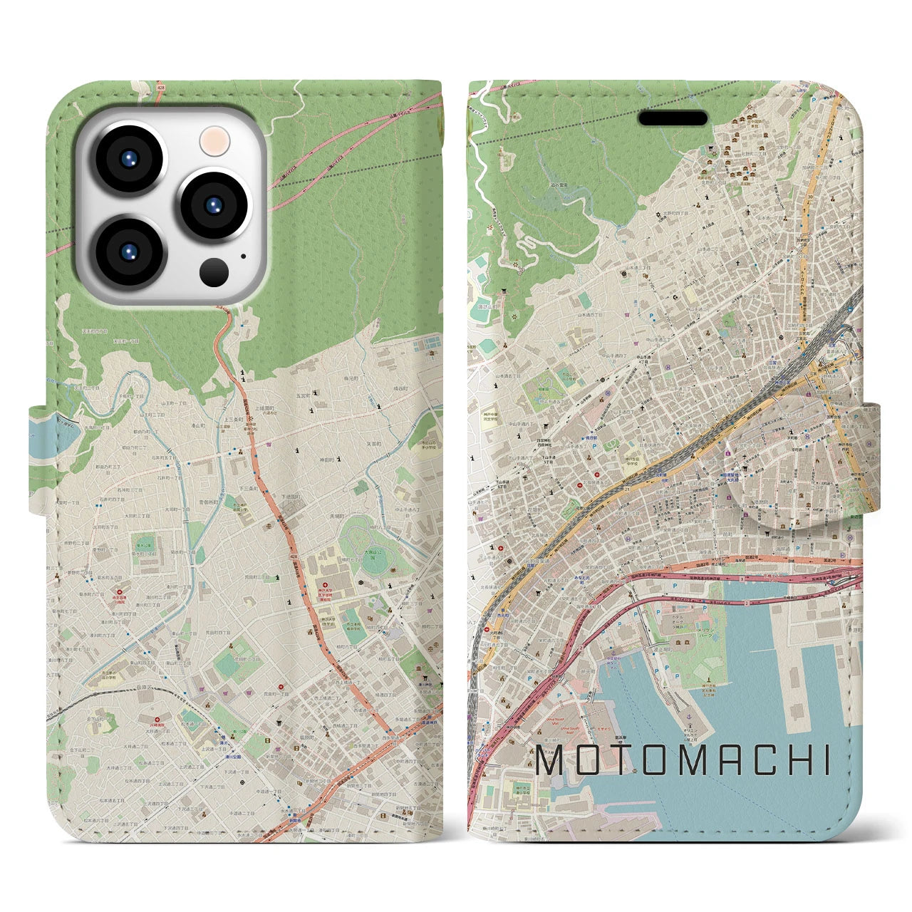 【元町(兵庫県)】地図柄iPhoneケース(手帳タイプ)ナチュラル・iPhone 13 Pro 用
