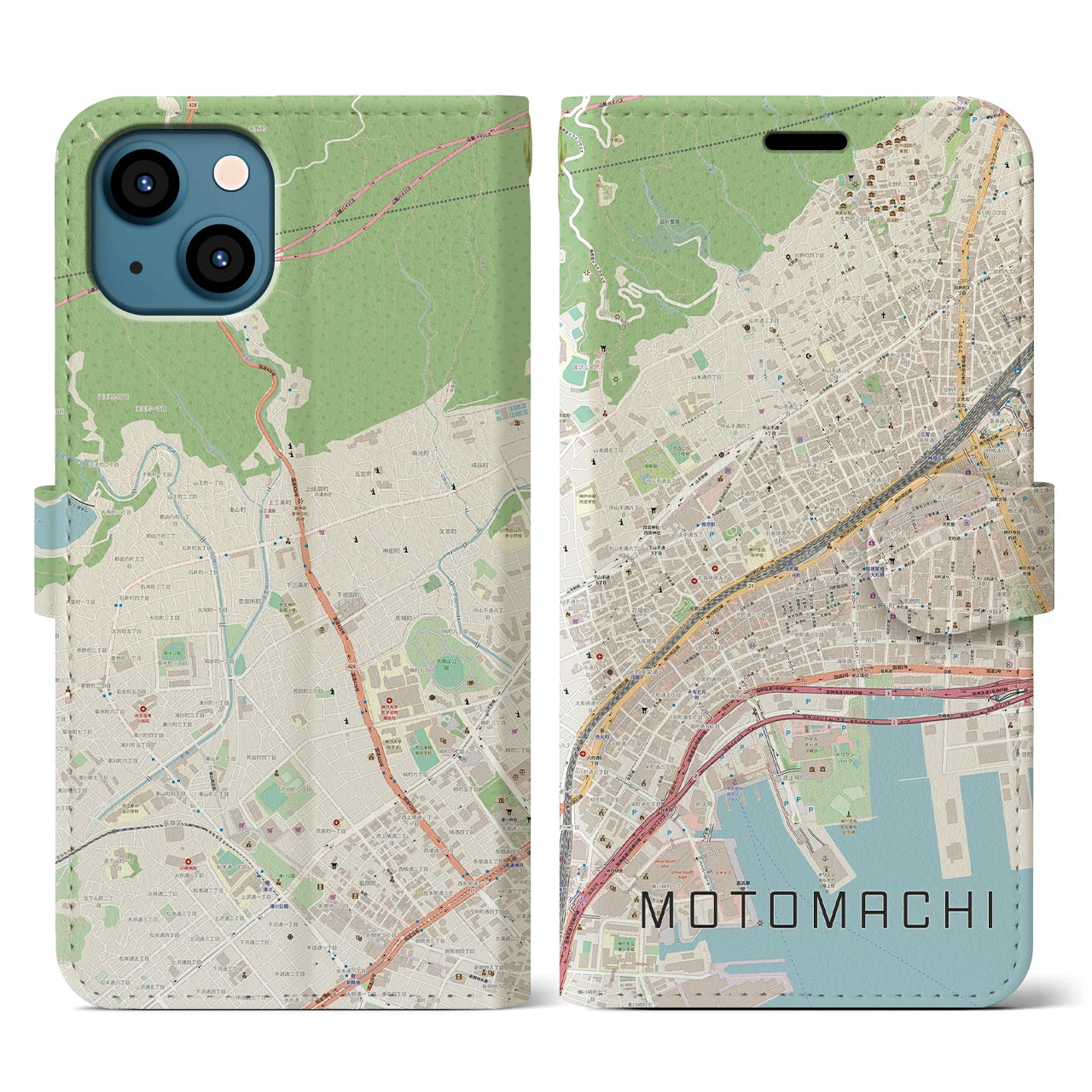 【元町(兵庫県)】地図柄iPhoneケース(手帳タイプ)ナチュラル・iPhone 13 用