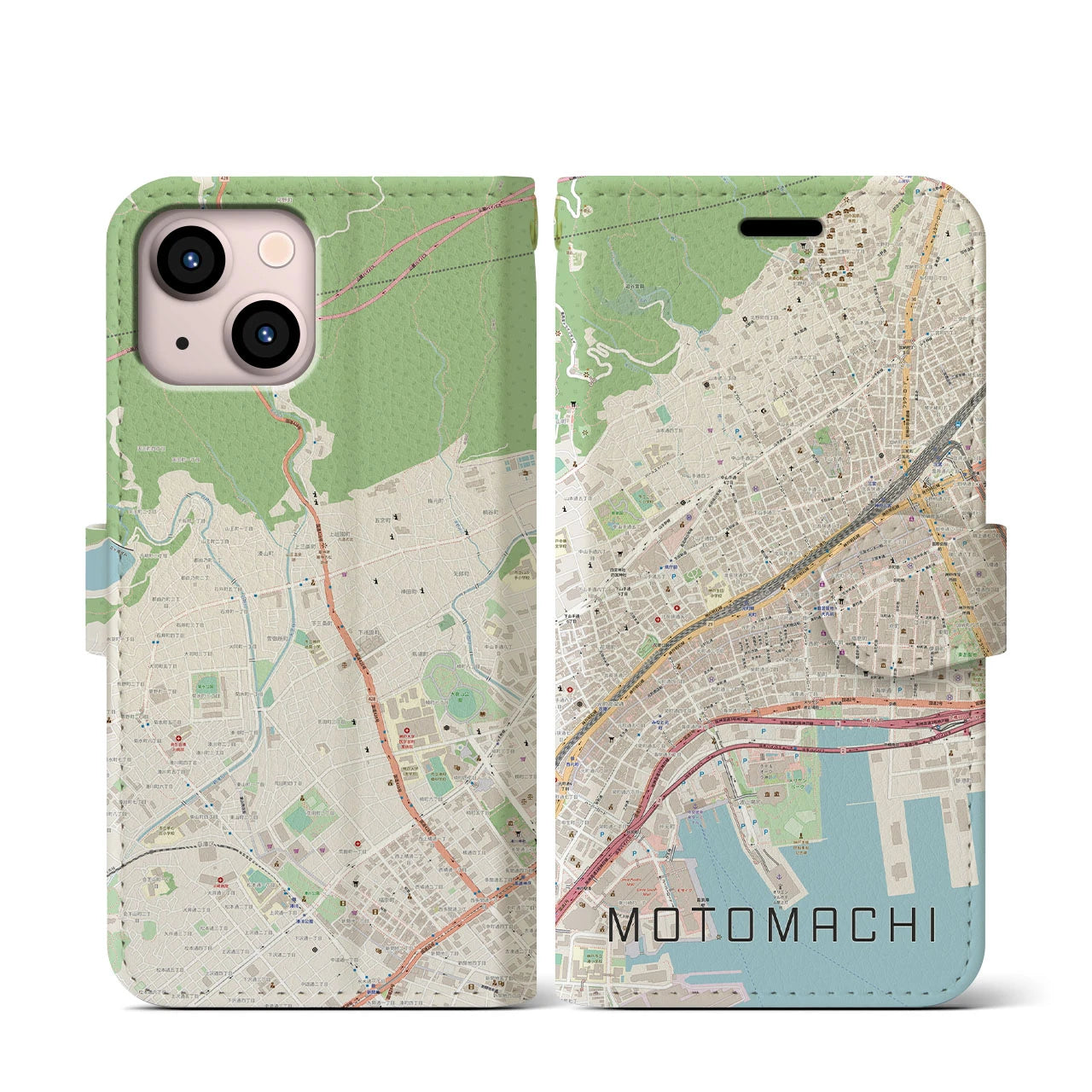 【元町(兵庫県)】地図柄iPhoneケース(手帳タイプ)ナチュラル・iPhone 13 mini 用