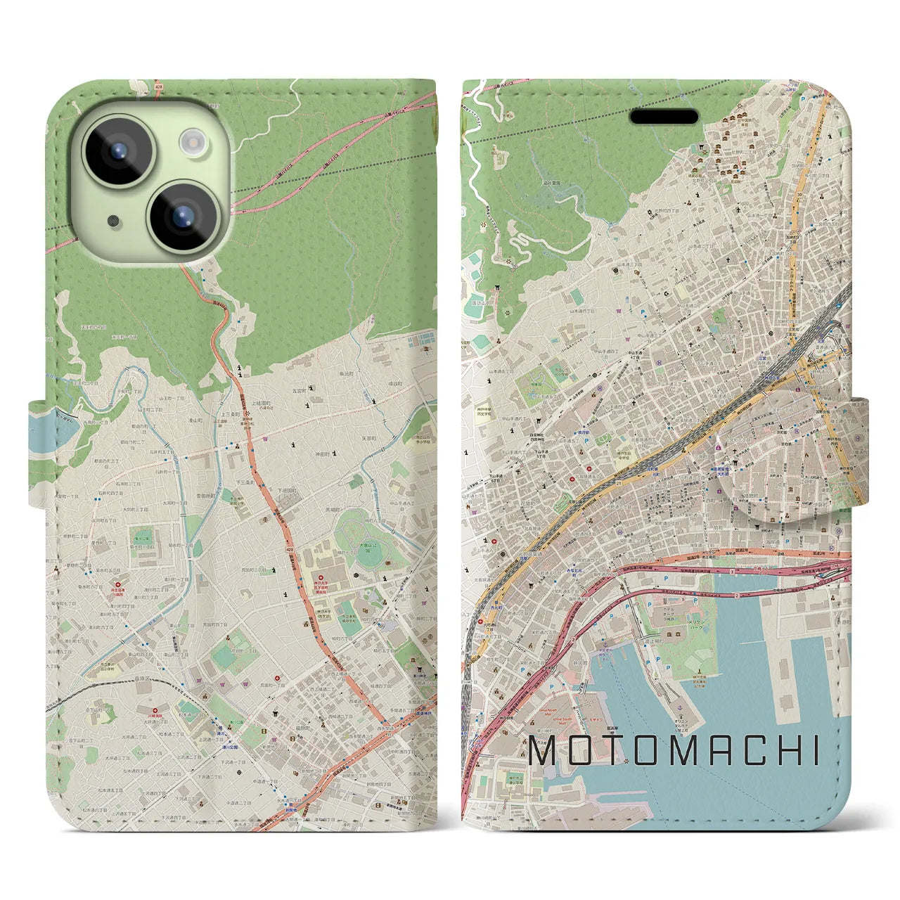 【元町(兵庫県)】地図柄iPhoneケース(手帳タイプ)ナチュラル・iPhone 15 用