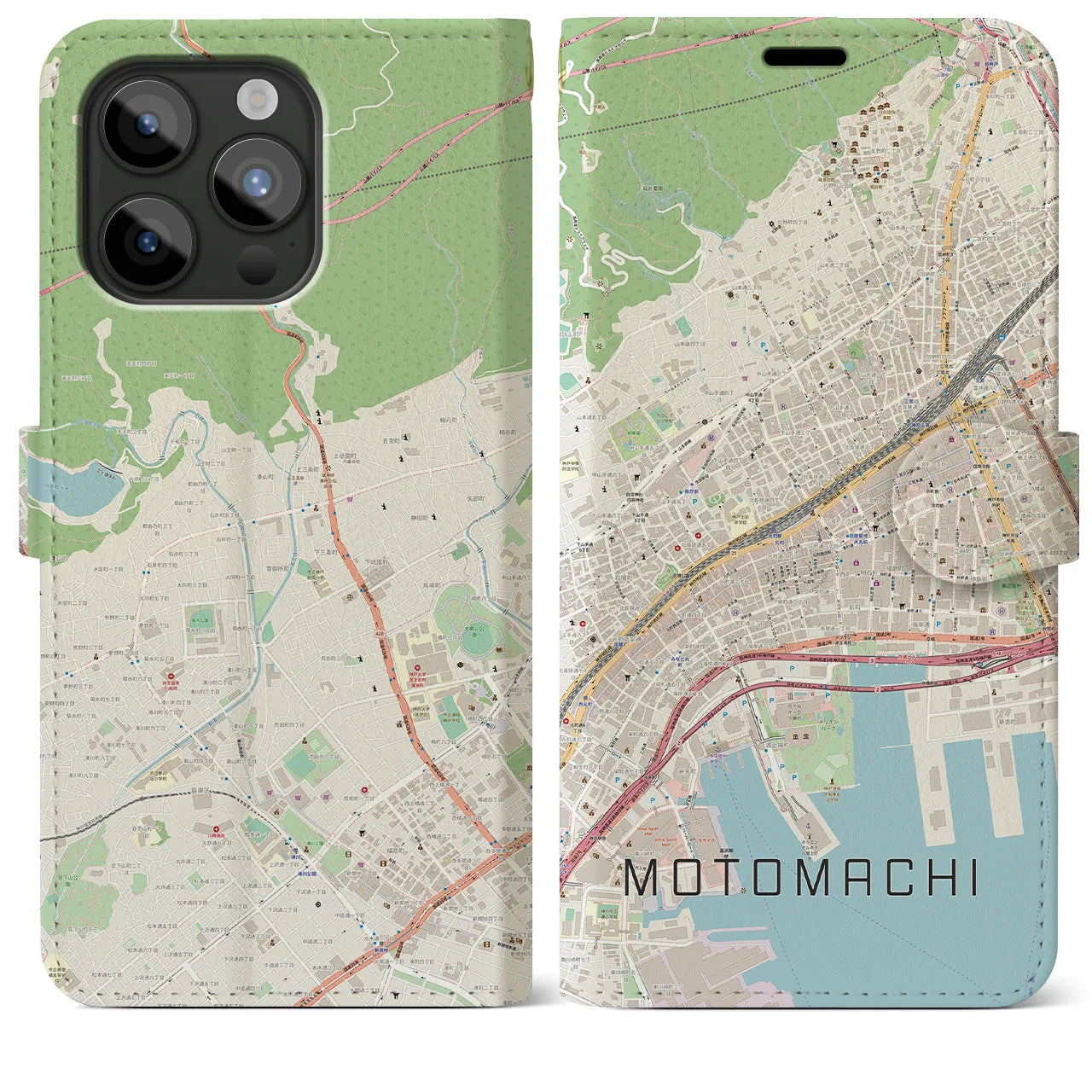 【元町(兵庫県)】地図柄iPhoneケース(手帳タイプ)ナチュラル・iPhone 15 Pro Max 用