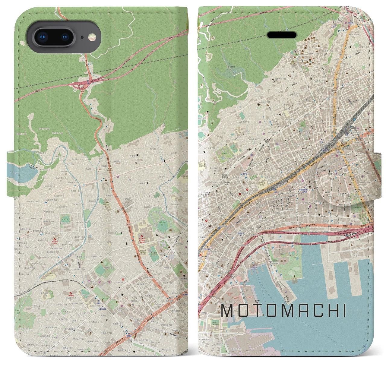 【元町(兵庫県)】地図柄iPhoneケース(手帳タイプ)ナチュラル・iPhone 8Plus /7Plus / 6sPlus / 6Plus 用