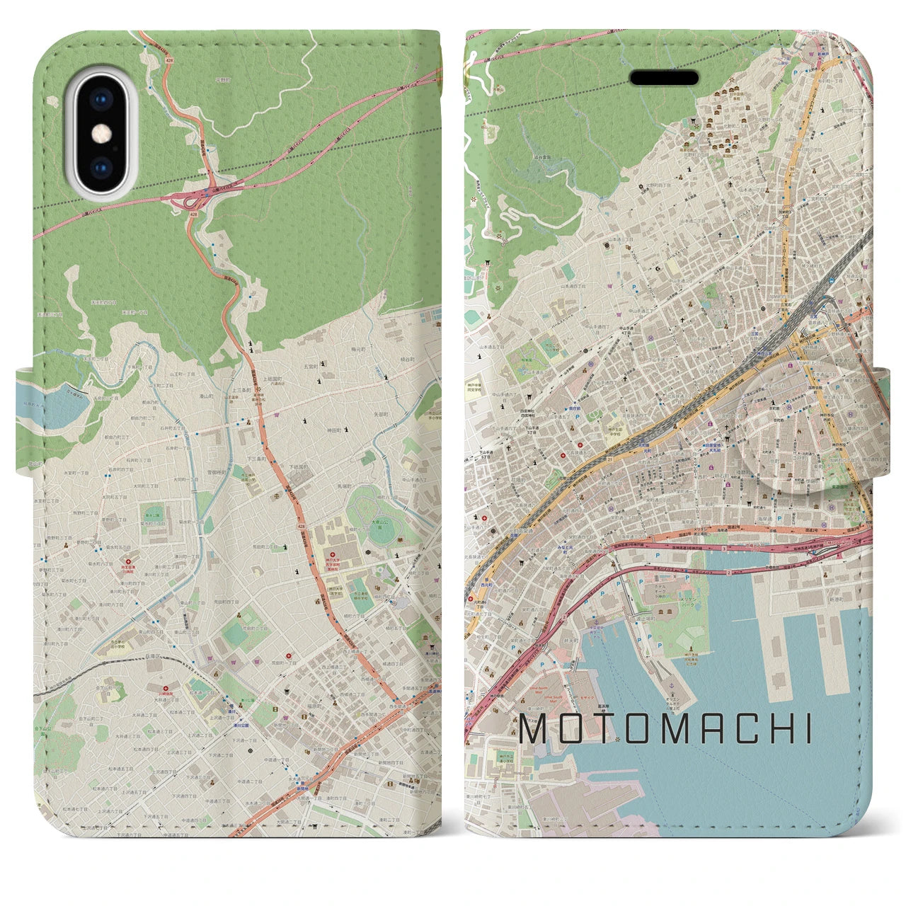 【元町(兵庫県)】地図柄iPhoneケース(手帳タイプ)ナチュラル・iPhone XS Max 用
